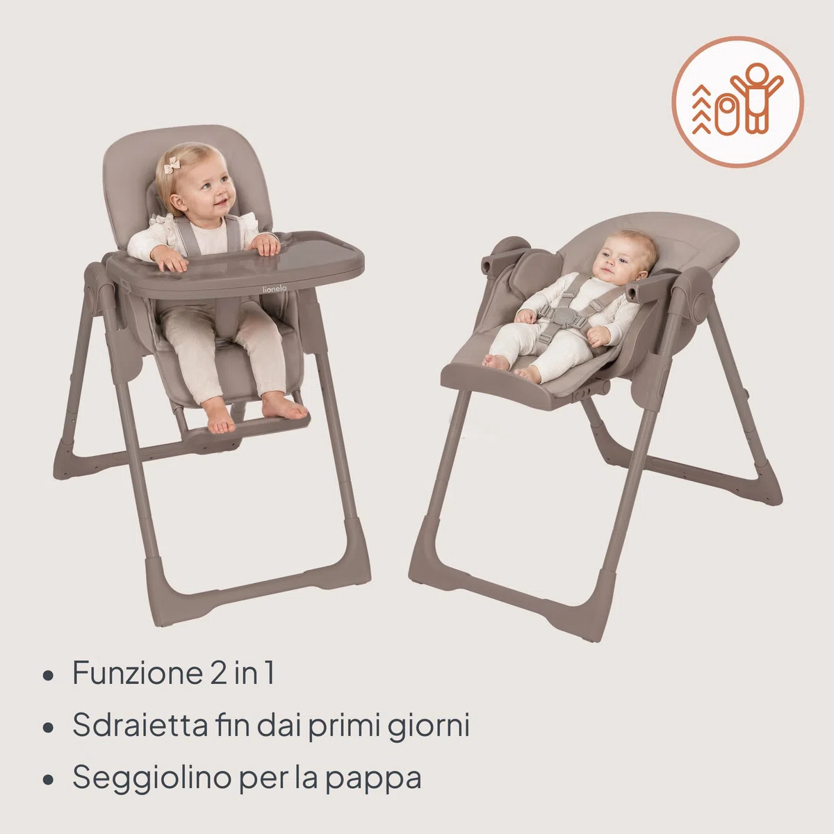 Lionelo Linn Plus Seggiolone Pappa Regolabile 2in1 Fino a 15 kg, Sedia con Funzione Sdraietta Dalla Nascita, Pieghevole, Ruote, Regolazione con una Mano, 6 Altezze, 3 Posizioni, Vassoio Lavastoviglie