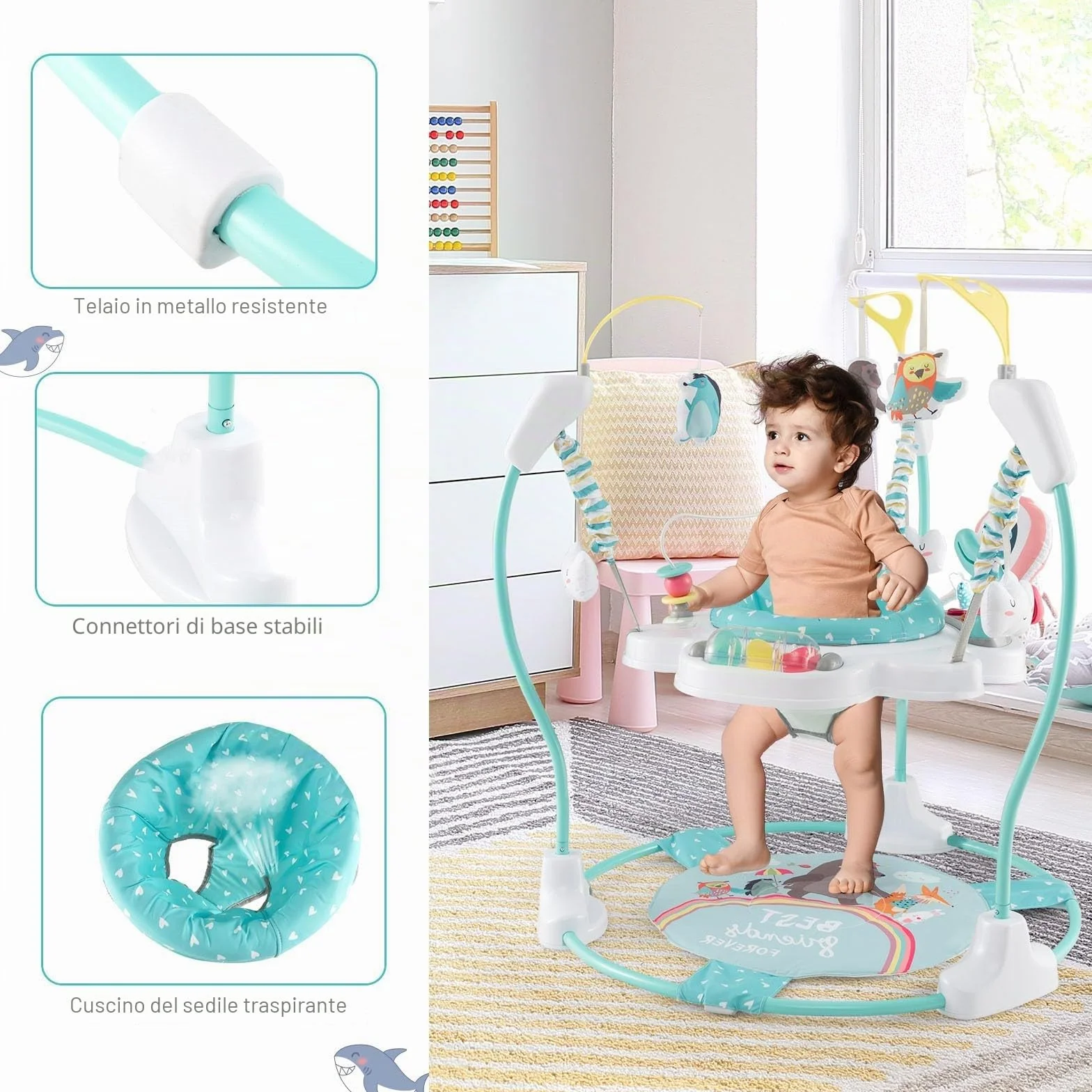 LIFEZEAL Jumperoo Bebe con seduta girevole a 360° e rimovibile, saltatore per bambini, altezza regolabile, 3 posizioni, centro giochi con luce e musica, 9 giocattoli, carico 12 kg, transat comfort