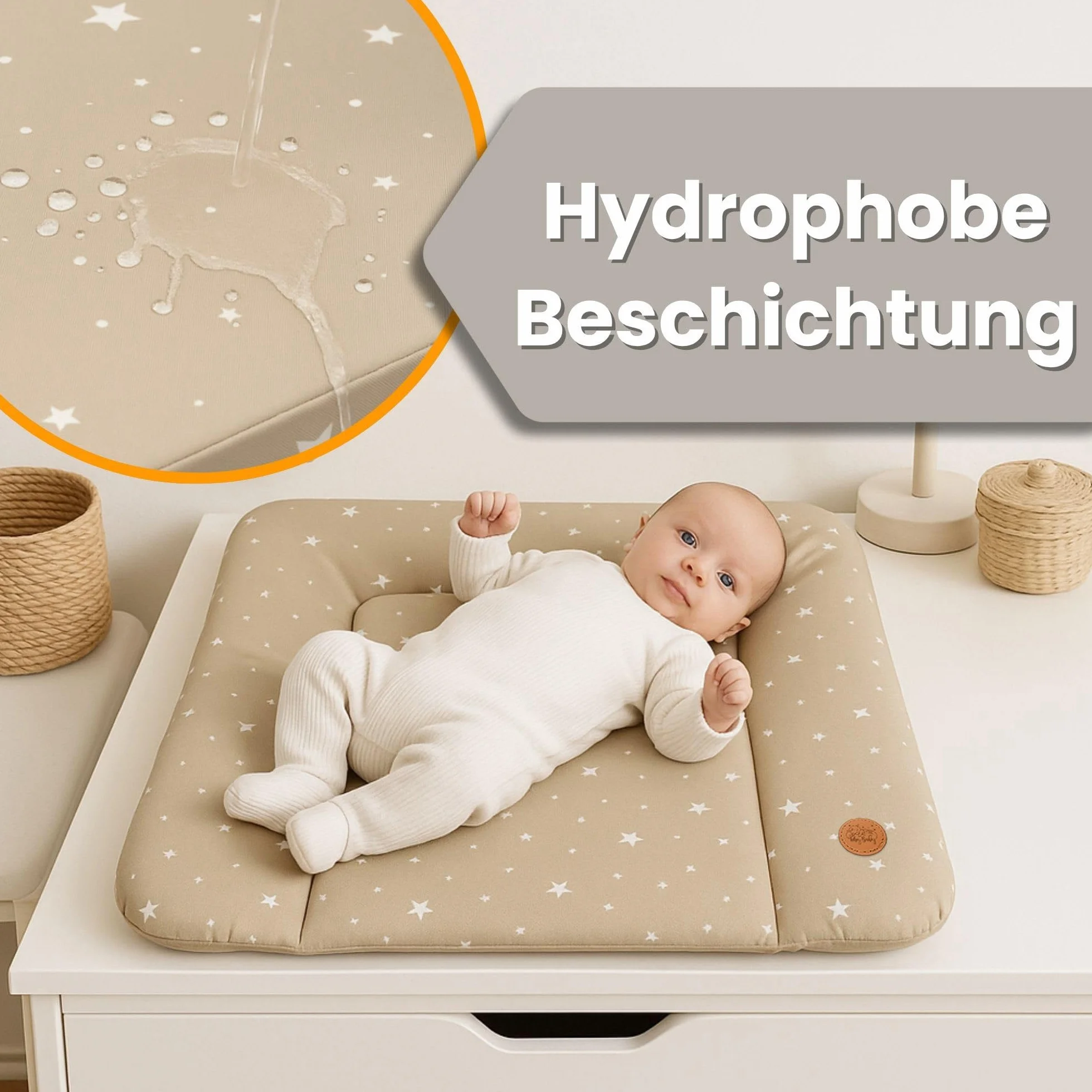 Materassino Fasciatoio Neonato 70x50 cm Impermeabile Lavabile Oeko-Tex Beige Stelle Bianche