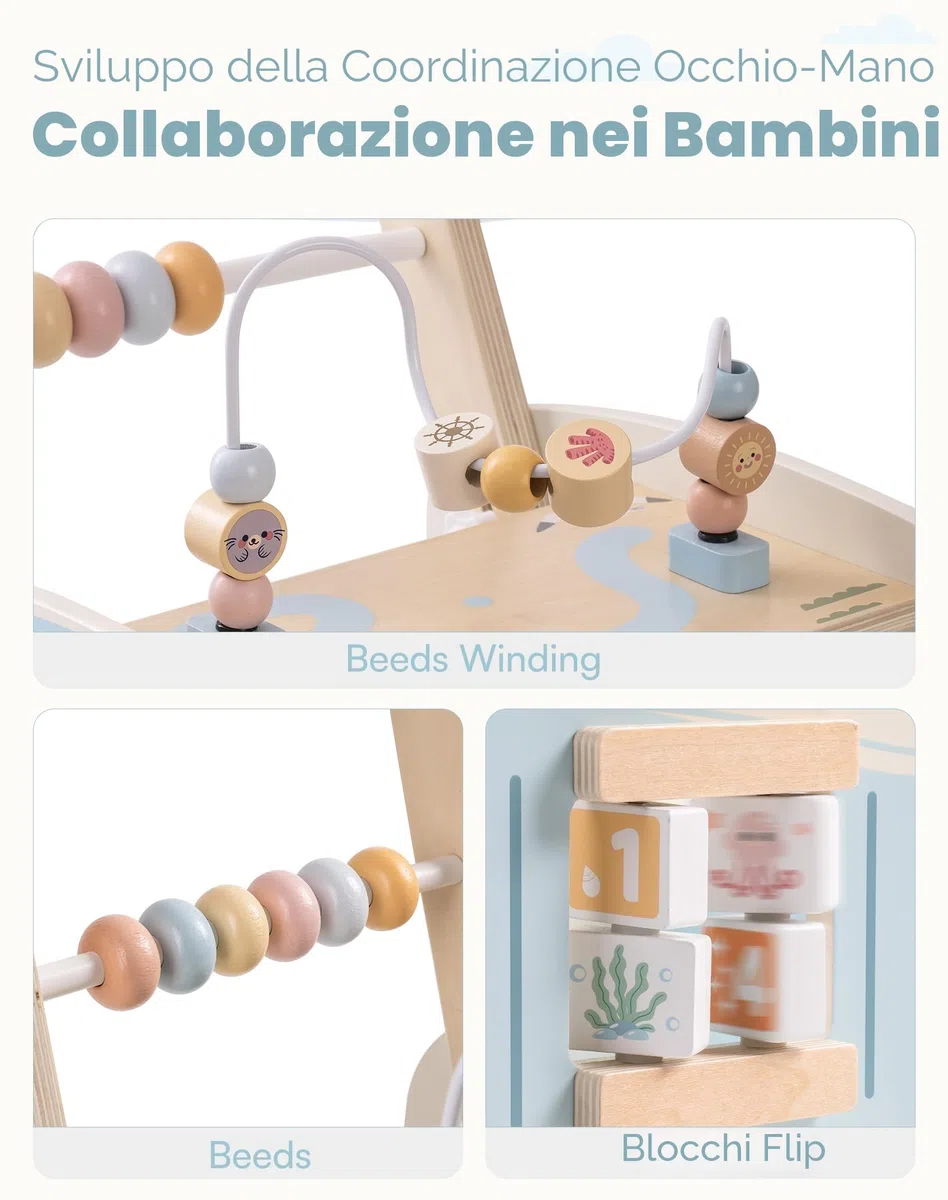 Robud Girello multifunzione in legno per bambini, con ruote e mattoncini, giocattolo primi passi con molteplici attività, da 10 mesi a 1-2 anni