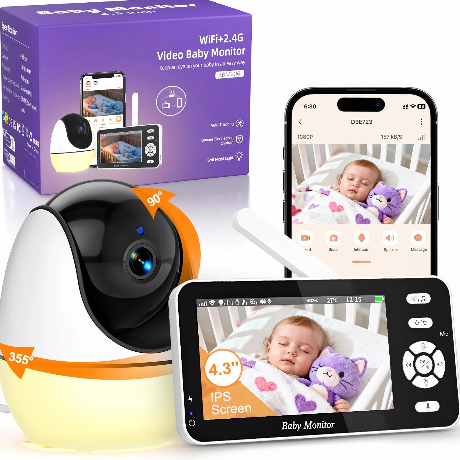 BURNNOVE Baby Monitor Video e Audio WiFi 4,3 Pollici IPS 3500mAh Batteria VOX Luce Notturna Rilevamento Temperatura