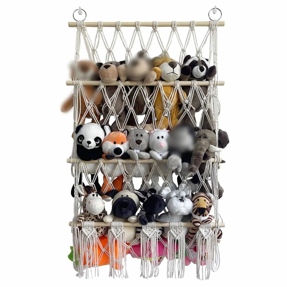 Amaca Portapeluche con Corda di Cotone - Rete Sospesa Intrecciata a Mano per Camera dei Bambini