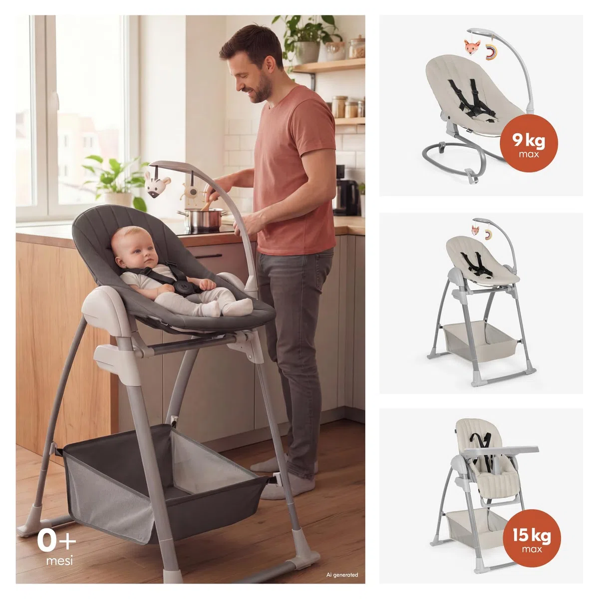 hauck Sit N Relax 3in1, Beige - Seggiolone Pappa Evolutivo da 0 Mesi a 15 kg con Sdraietta con Arco Giochi e Seduta con Vassoio Regolabili in Altezza, Ruote, Pieghevole, Cesto Portaoggetti