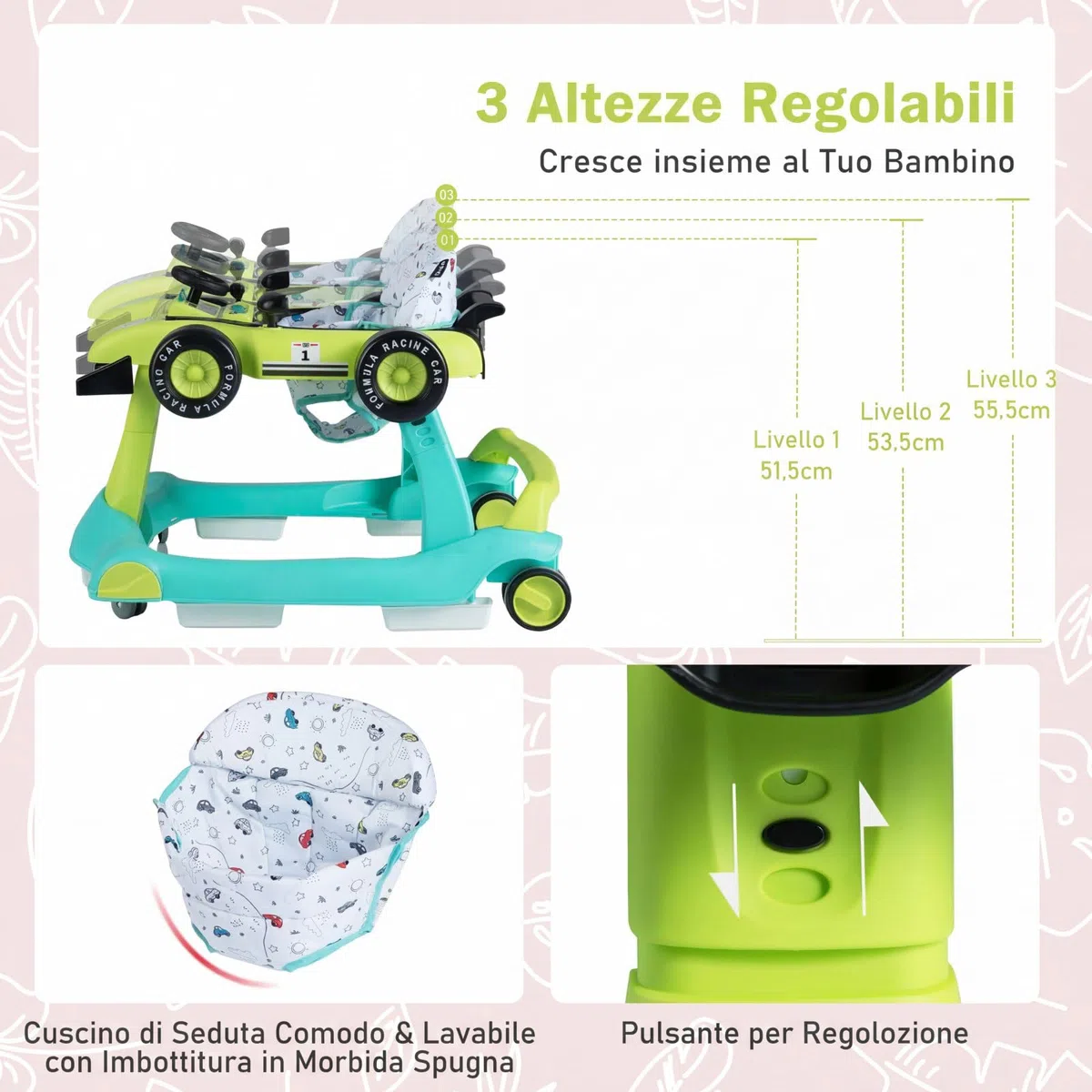 COSTWAY Girello per Bambini 4 in 1, Girello Pieghevole con Altezza e Velocità Regolabili, Carillon con Luci, Volante, Primi Passi per Bambini 6-18 Mesi, Portata 12 kg (Verde)