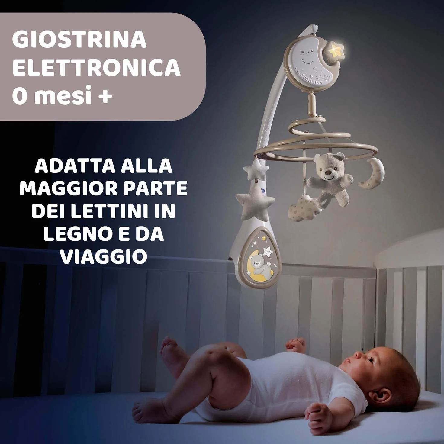 Chicco Next2Dreams Giostrina Neonato 3in1 z Carillon Elettronico dla Culla i Łóżeczka, Kompatybilna z Chicco Next2Me, Efekty Dźwiękowe, Projektor Światła, Muzyka 0+ Miesięcy