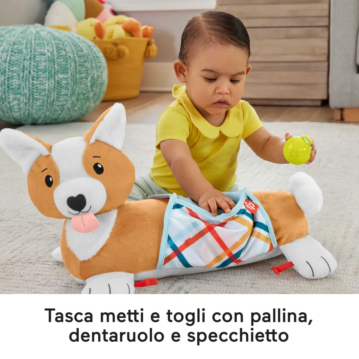 Fisher-Price - Cuscino Corgi Tummy Time 3 in 1, sostiene Il Bambino in 3 Modi Durante Ogni Fase della Crescita: disteso, Seduto, per Gioco di Ruolo; con 1 specchietto e sonaglino Senza BPA, HJW10