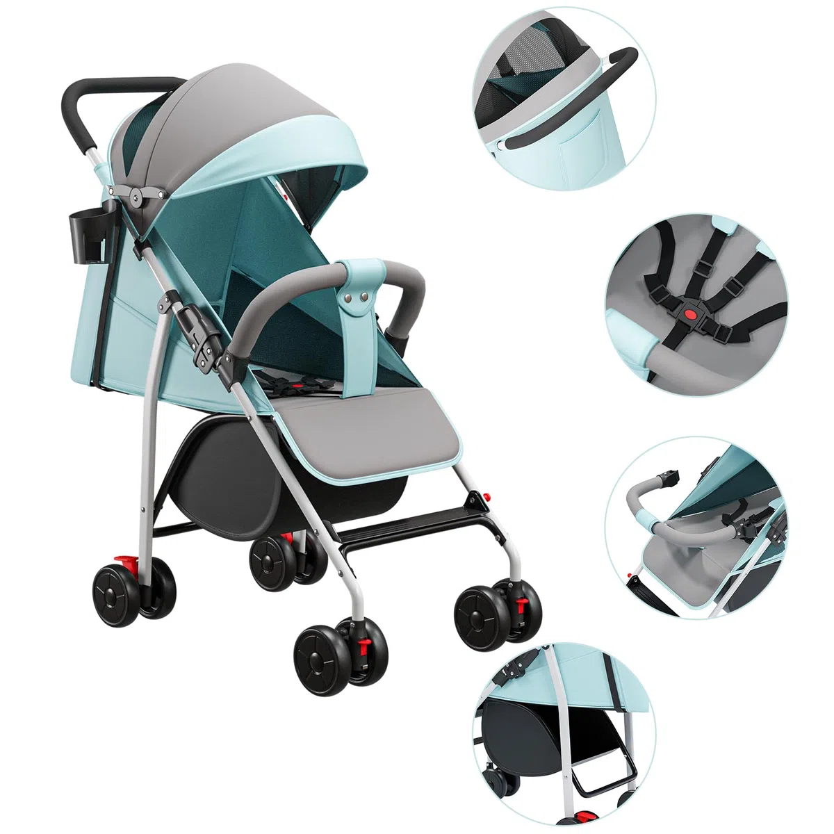 OHMG Passeggino Canne,Passeggino a canna compatta 0-36 kg,Passeggino da viaggio con cotone e zanzariera,Carrello di acquisto con funzione estensibile,Cappuccio estensibile (C-azzurro)