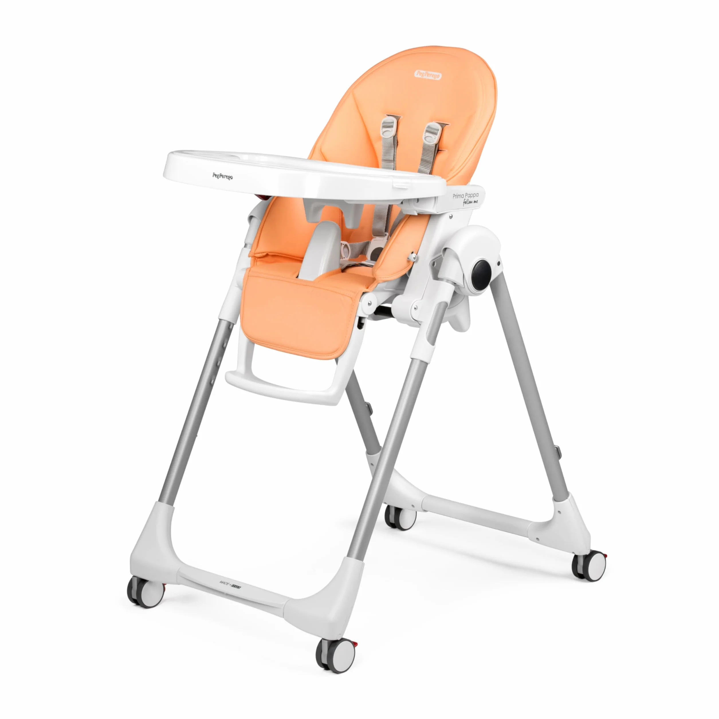 PEG Prima Pappa Follow Me Seggiolone Neonati Reclinabile, Funzione Sdraietta, 4 ruote, Pieghevole, Ultracompatto, 0-3 Anni (0-15 kg), Peach