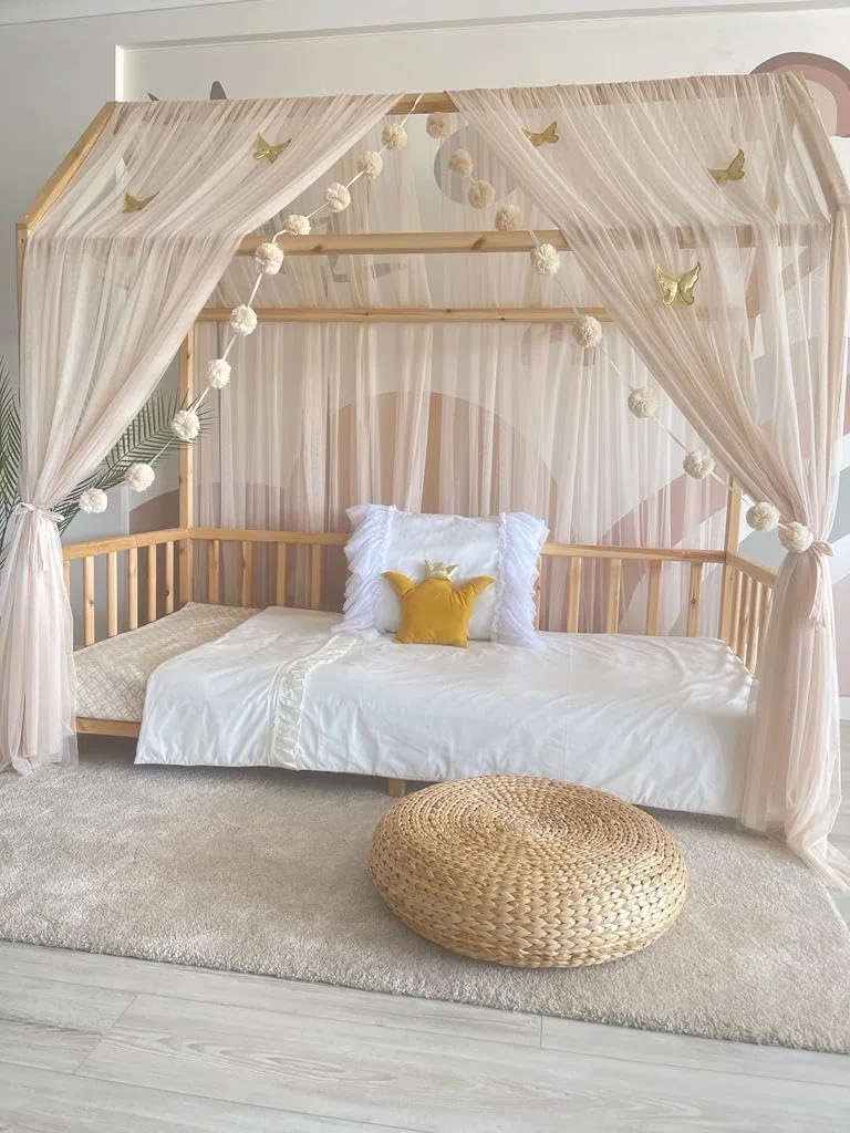 Baby Fancyroom Letto a baldacchino per letto dei bambini, per cameretta dei bambini, tenda a baldacchino, per ragazze, camera della principessa (beige, 360 cm, con 5 farfalle dorate)