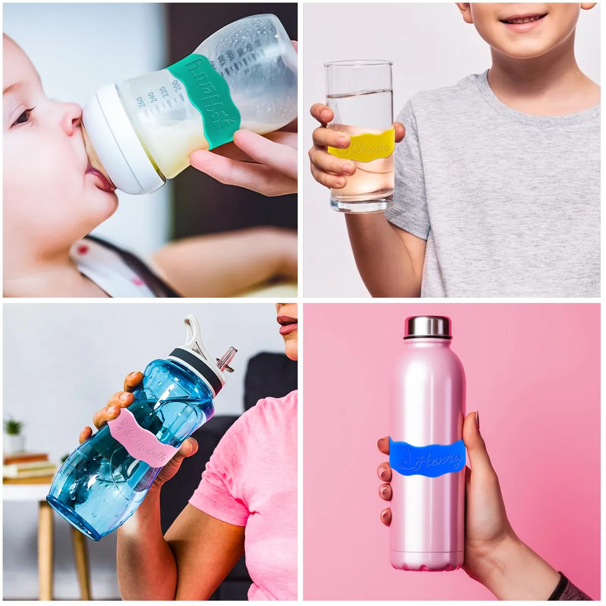 Fasce personalizzate per biberon - Etichette riutilizzabili personalizzate per biberon in silicone, nome inciso per asilo nido.