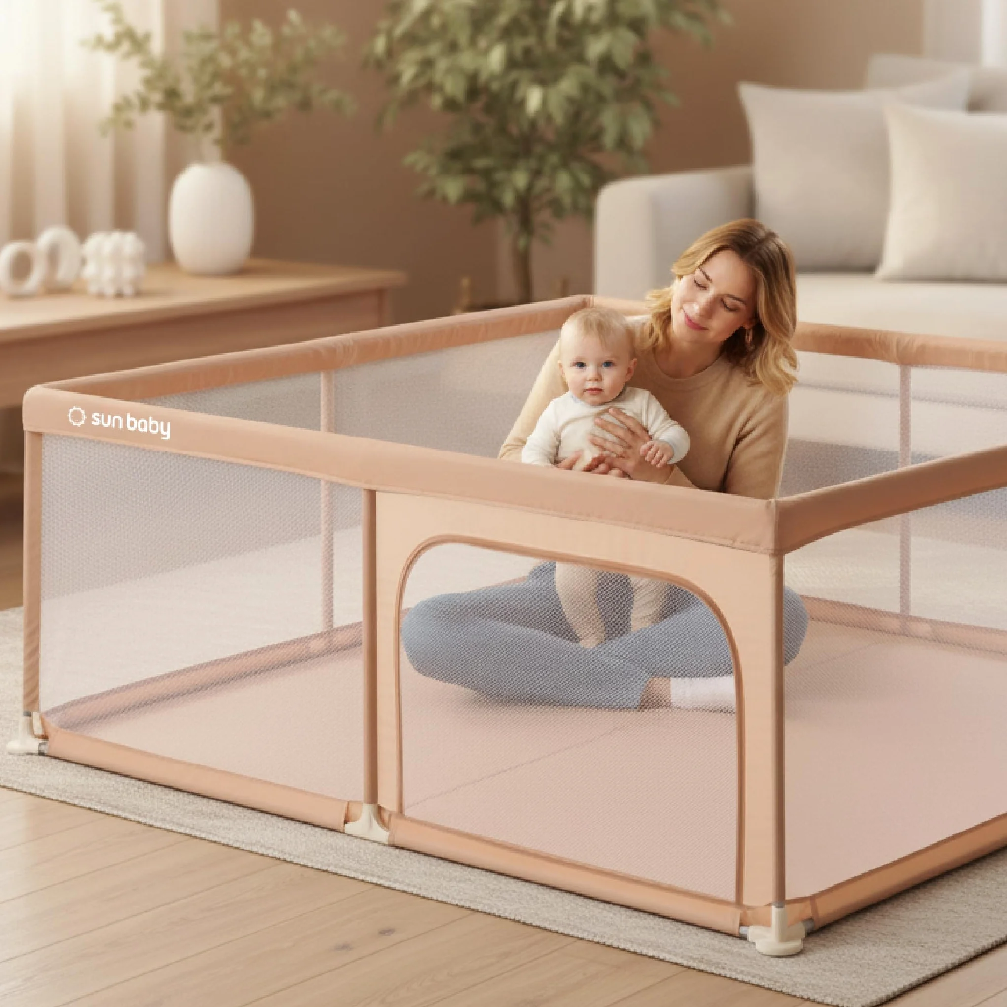Sun Baby Box Bambini 150x200 cm 0-2 anni Salmone Poliestere Pareti in Rete Cerniera Piedini Antiscivolo Borsa Inclusa Struttura Metallo