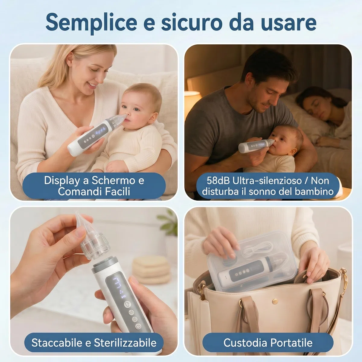 Aspiratore nasale elettrico per bambini – Aspiratore nasale bambino forte 65 kPa per muco bloccato, 58 dB Silenzioso per bambini che dormono, silicone alimentare