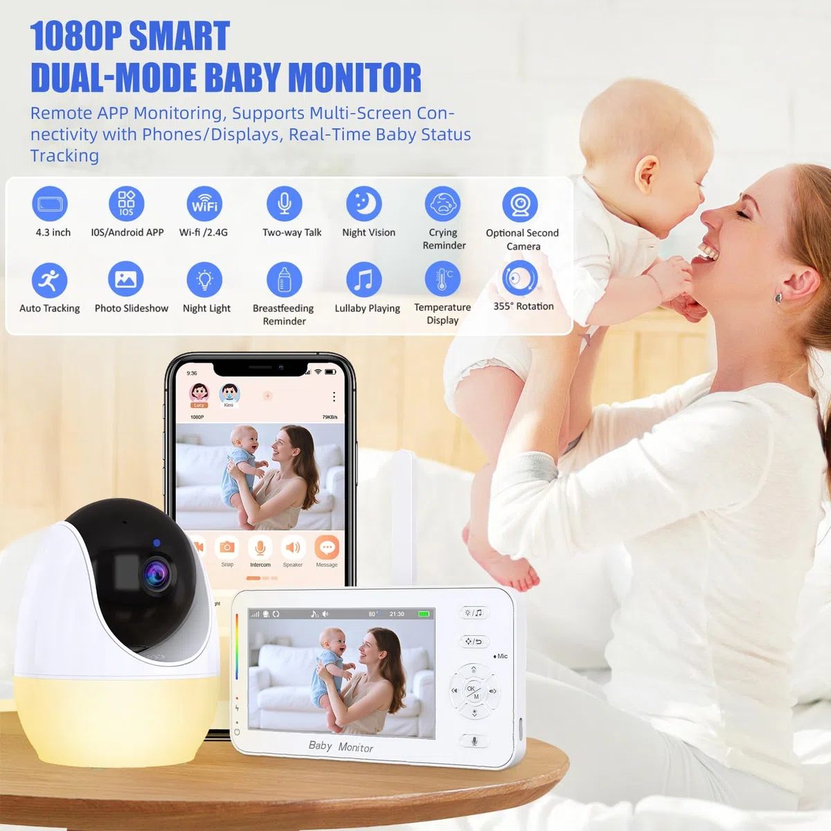 Baby monitor WiFi con fotocamera e audio, baby monitor portatile da 4,3 pollici 1080p HD, luce notturna, visione notturna, sensore di temperatura, portata di 300 m, conversazione a 2 vie, 8