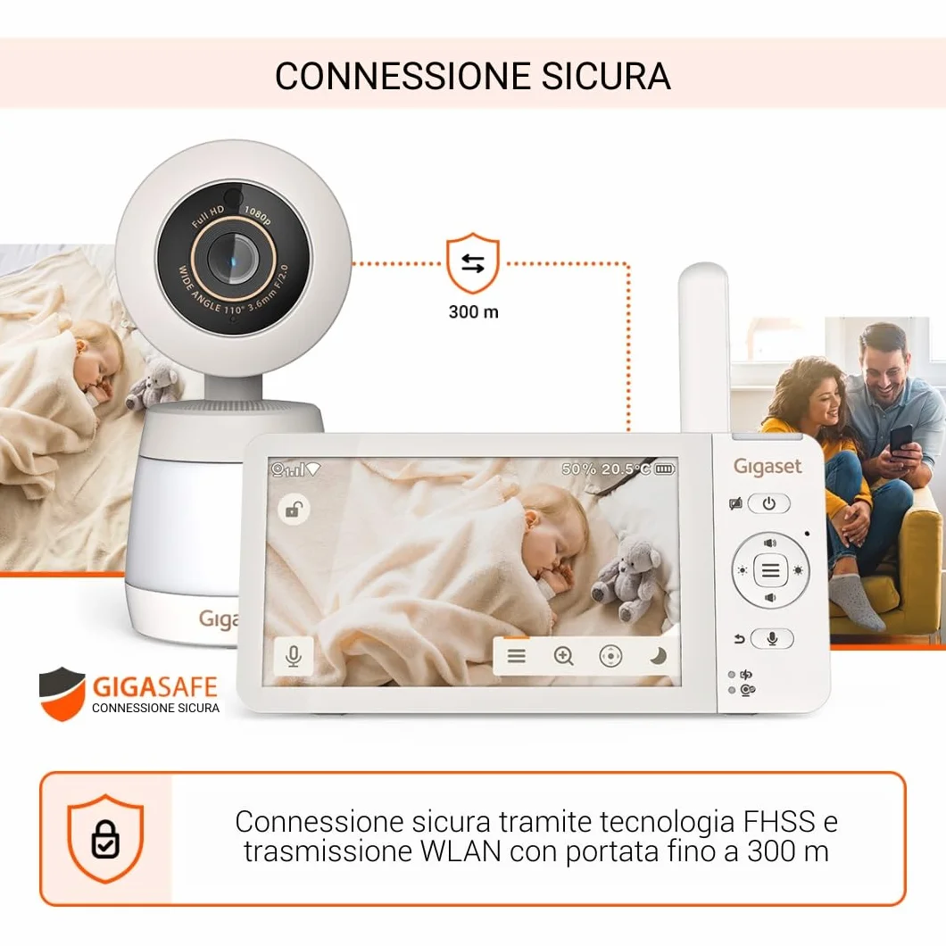 Gigaset BABY 700 Connected – Videocamera per bambini con touchscreen Full HD da 5,5" – Trasmissione sicura FHSS e WLAN–lunga durata della batteria-con app, Cream White/Warm [Versione Italiana]