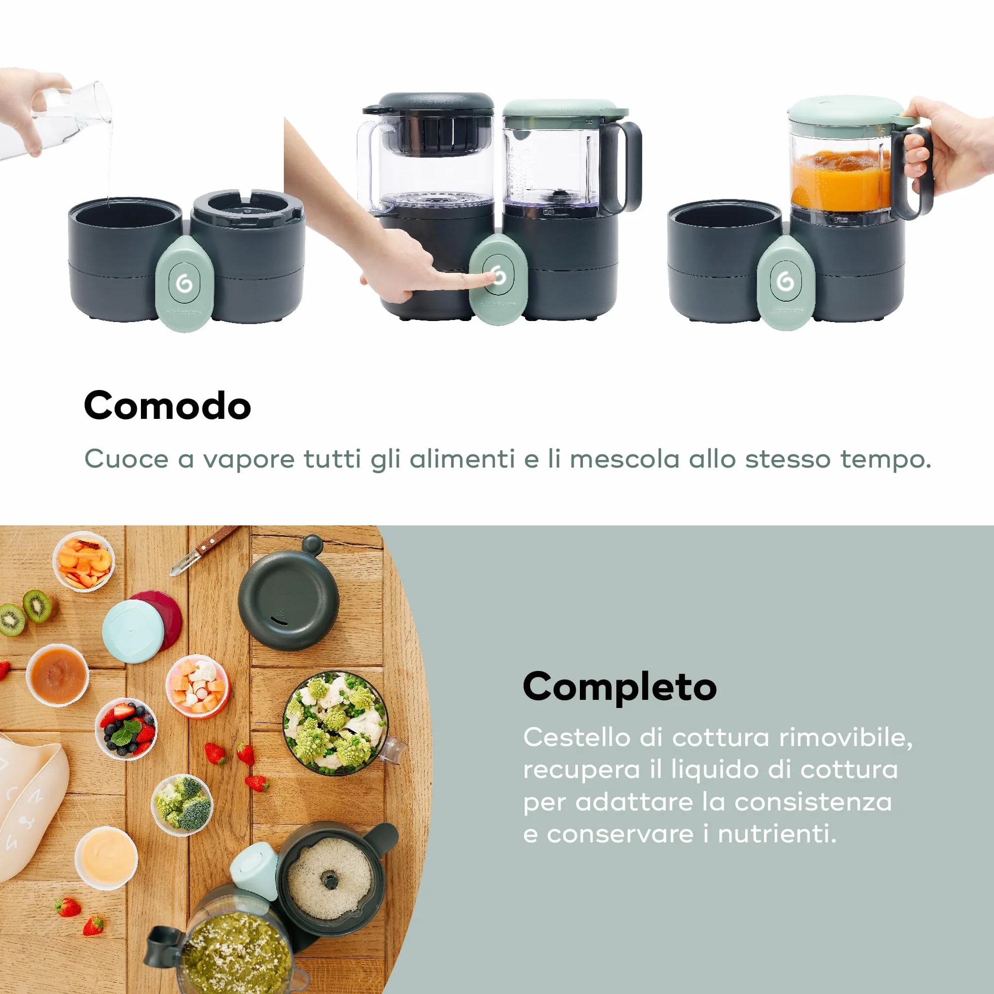 Babymoov Nutribaby One Robot Multifunzione 4 in 1 Cuocivapore Frullatore Riscalda Omogeneizzati Scongela
