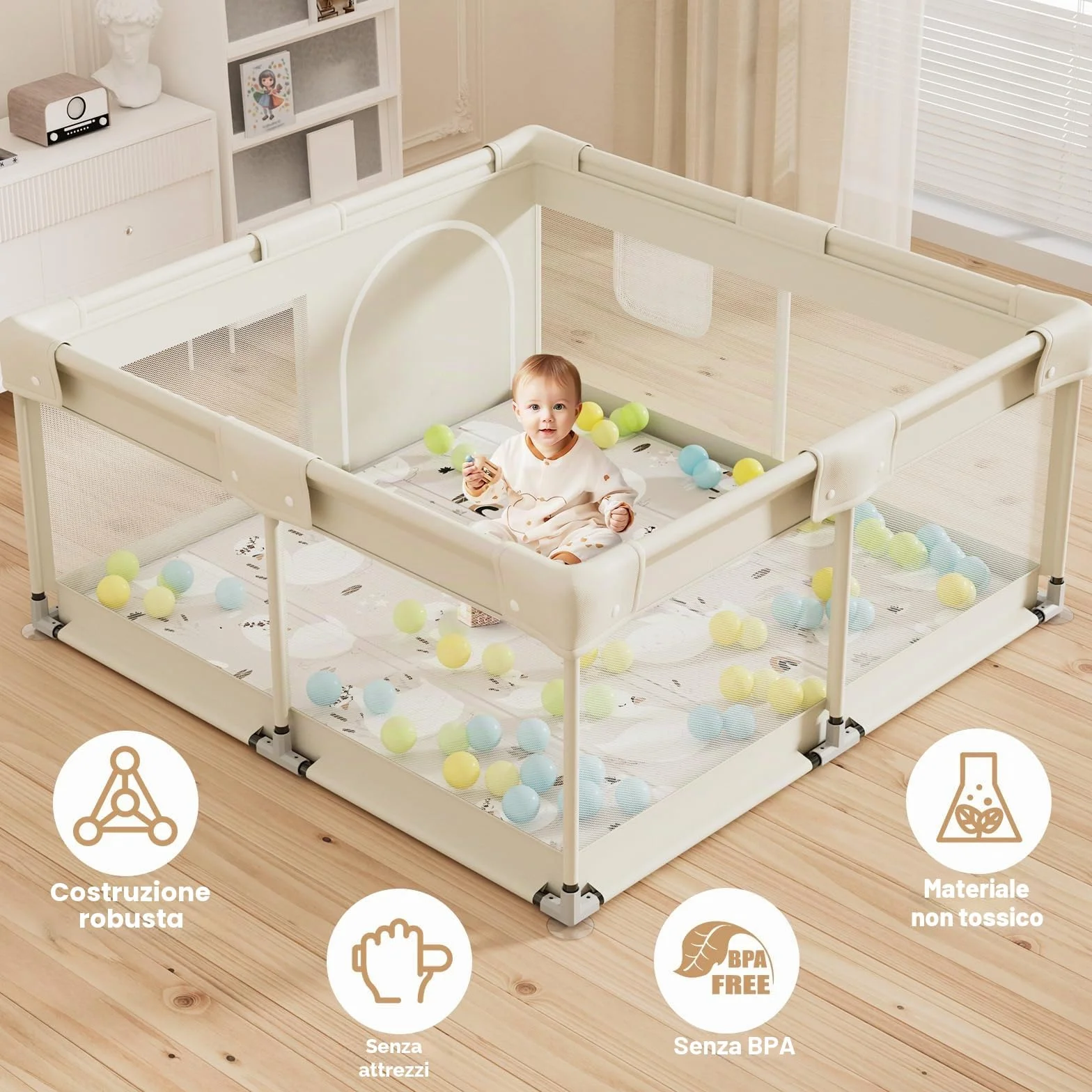 Box Bambini 120x120cm Beige Recinto Neonato con Rete Traspirante e Ventose