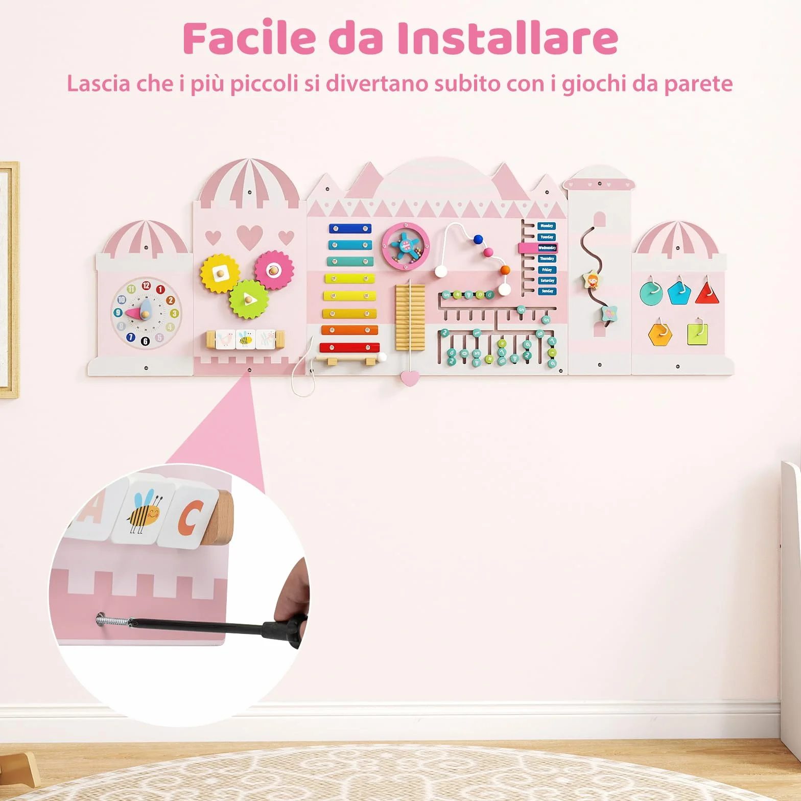 COSTWAY Pannelli da Parete con attività, Busy Board 11 in 1 Montessori in Legno per Sviluppo Sensoriale, Centro di attività Educativo Montato a Parete per Stanza Giochi, Asilo Nido (Castello)