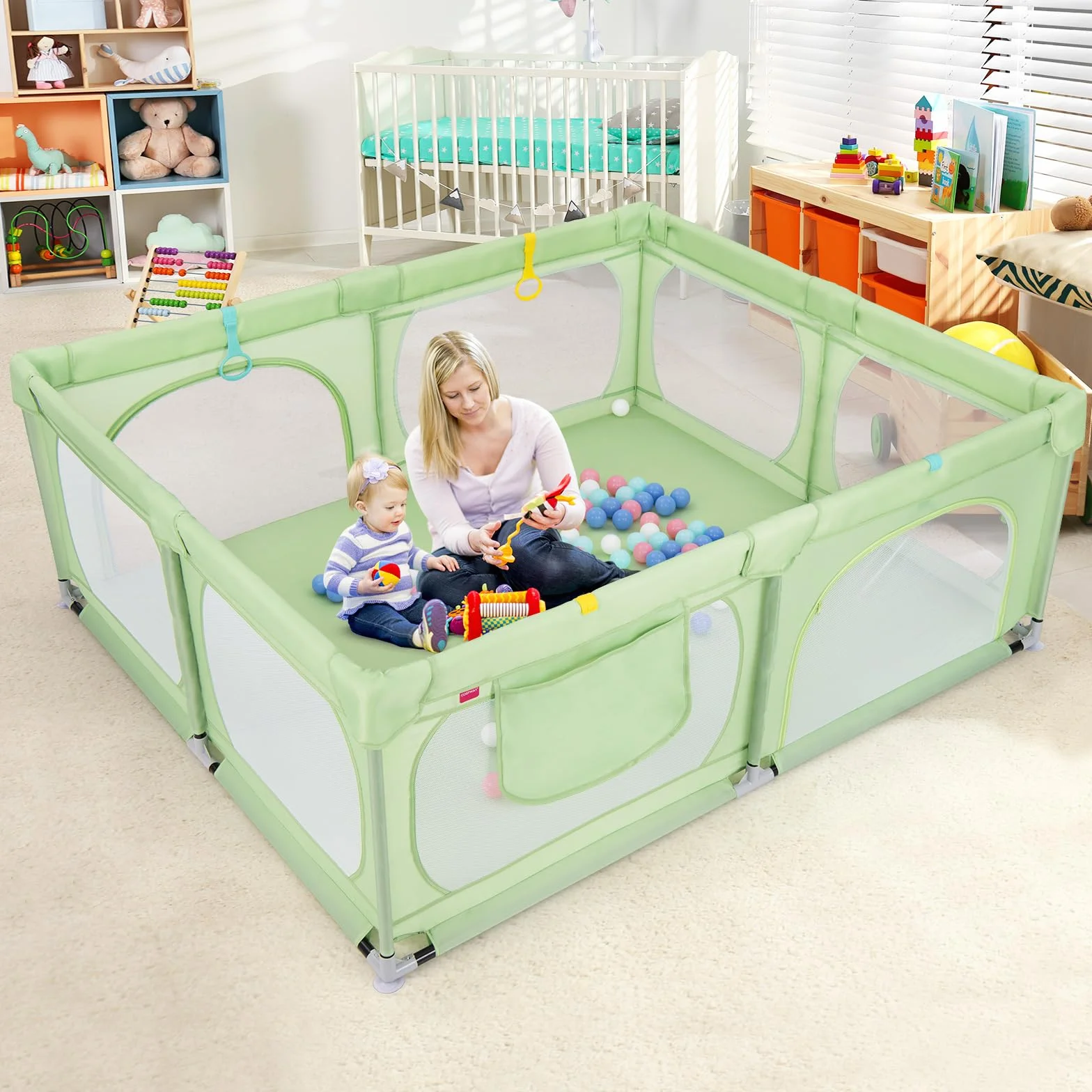 COSTWAY Recinto per Bambini, Box Pieghevole con Rete Traspirante, Centro Attività per Neonati con 50 Palline, Box Giochi per Bambini 0-3 Anni (Verde, 189 x 158 cm)