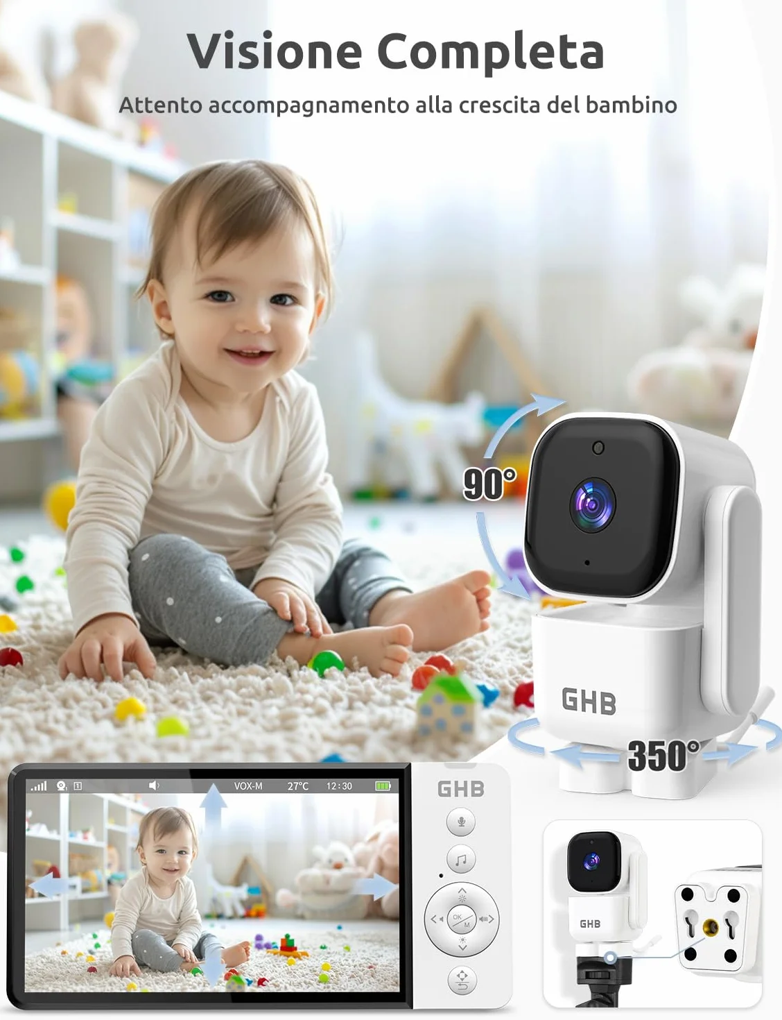 GHB Baby Monitor 5" 720HD 168 Ore Autonomia 350° Telecamera Rotante Rilevamento Temperatura VOX Visione Notturna