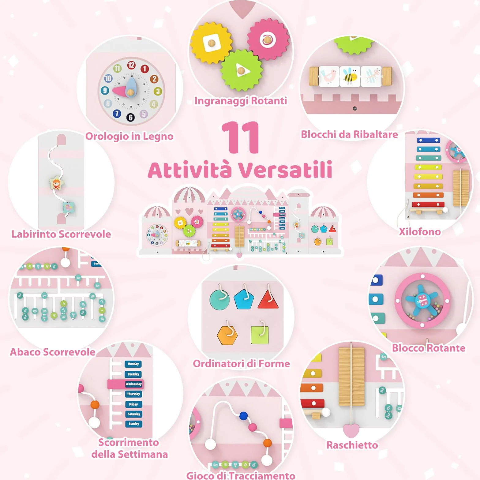 COSTWAY Pannelli da Parete con attività, Busy Board 11 in 1 Montessori in Legno per Sviluppo Sensoriale, Centro di attività Educativo Montato a Parete per Stanza Giochi, Asilo Nido (Castello)