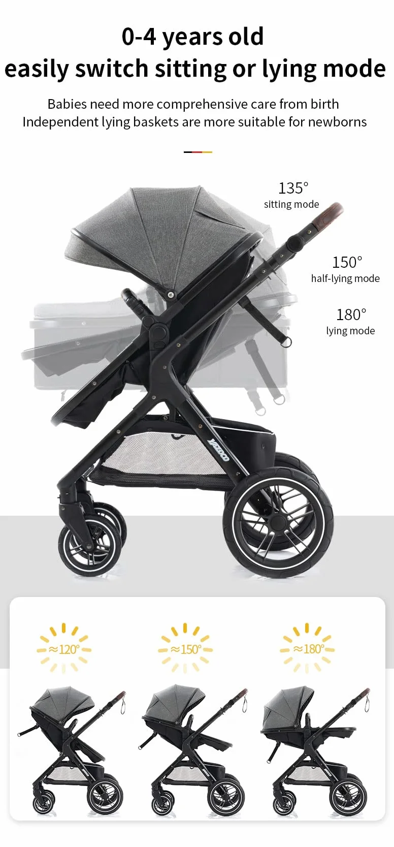 Passeggino 3 in 1 Carrozzina Multifunzionale Pieghevole Neonato Khaki