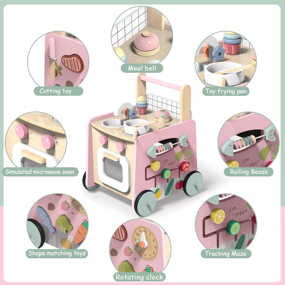 VITONIS Girello per Bambini di Legno, Carrello Primi Passi con 8 Giochi Interattivi, Girello Montessori Push Walker Regalo per Bambini e Ragazze