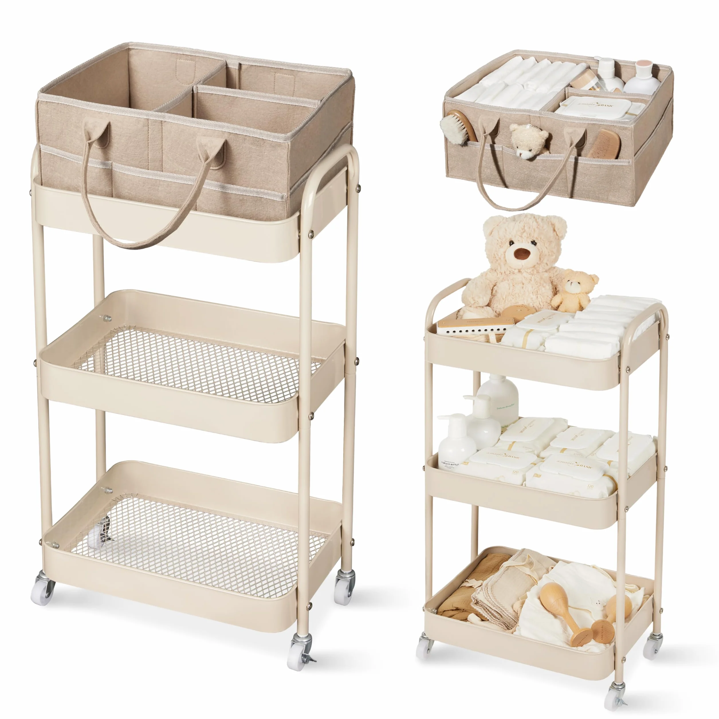Fortella Carrello con Ruote Portatutto, Organizer Fasciatoio per Neonati Portatile, Ideale per Fasciatoio Neonato Bagno, Regalo Nascita Bimbo, 3 Ripiani Carrello Porta Attrezzi, Cucina (Marrone)