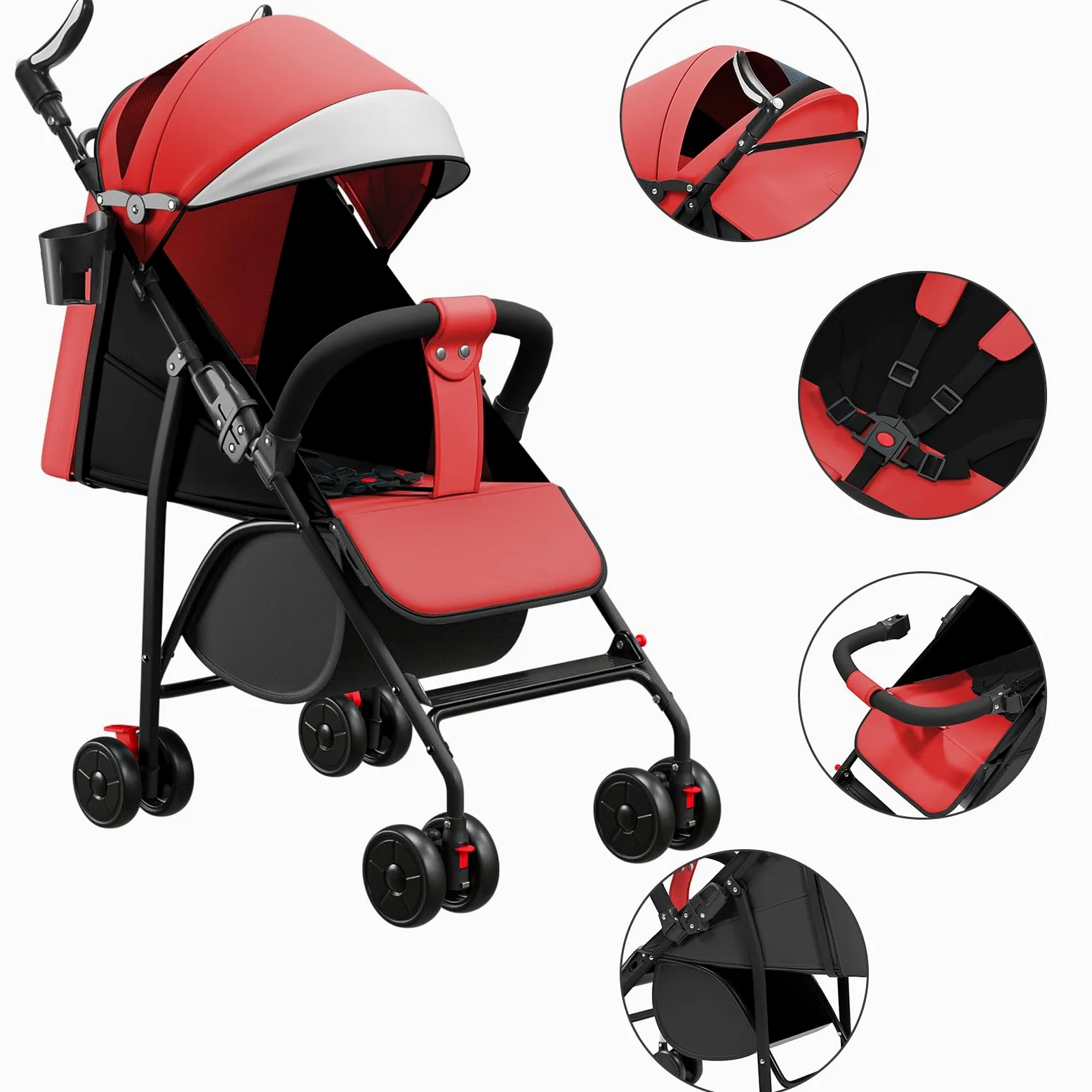 OHMG Passeggino per bambini da 0 a 4 anni, 0 a 22 kg, 3 posizioni di riposo, posizione piatta, pieghevole, con tracolla, imbracatura a 5 punti, cestino, freno a pedale