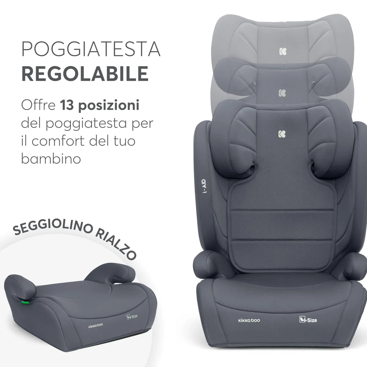 KikkaBoo Seggiolino Auto 15-36 kg i-AID, Gruppo 2/3, i-Size 100-150 cm, da 3,5 a 12 Anni, Poggiatesta Regolabile 13 Posizioni, Grigio