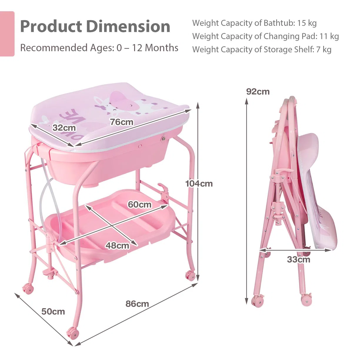 LIFEZEAL Vaschetta Bagnetto Neonato, 0-12 Mesi, con Fasciatoio, Vaschetta Bagnetto Neonato Pieghevole, con Materassino Fasciatoio, Ripiano Portaoggetti e Ruote, Portata 35 kg (rosa)