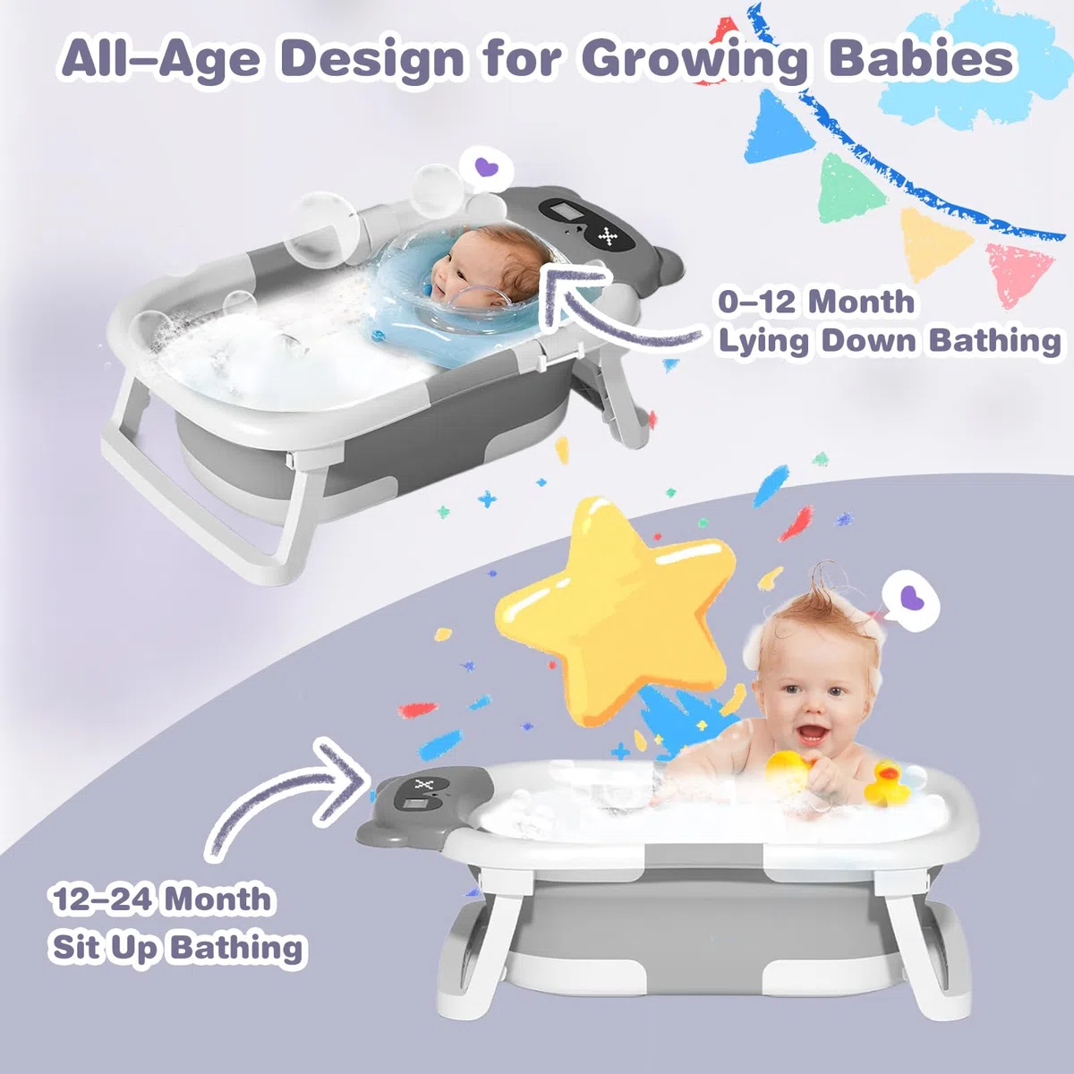 Vaschetta Bagnetto Neonato Pieghevole, Vasca da Bagno Portatile Con Materasso a Cuscino e Termometro, Vasca Neonato Bagnetto Per Neonati E Bambini, Portatile, Salva Spazio