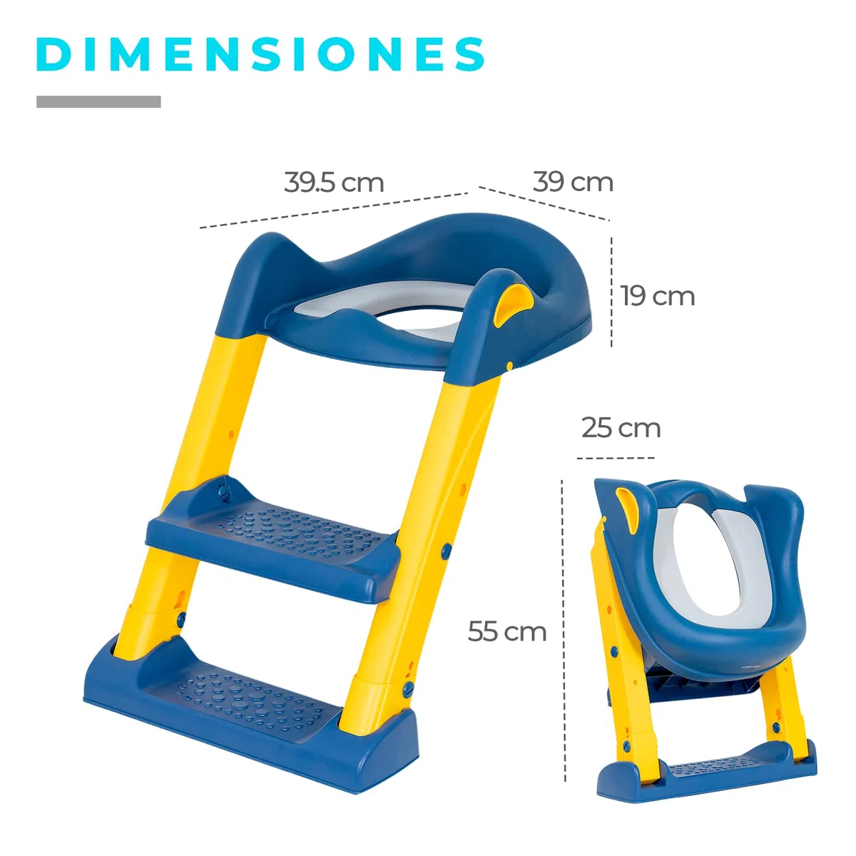 Edibaby, Riduttore Water Bambini, con Scaletta, per l’Addestramento alla Toilette, Portatile, Regolabile, Piena Compatibilità, Cuscino Imbottito, da 1 a 7 Anni (Blu e giallo)