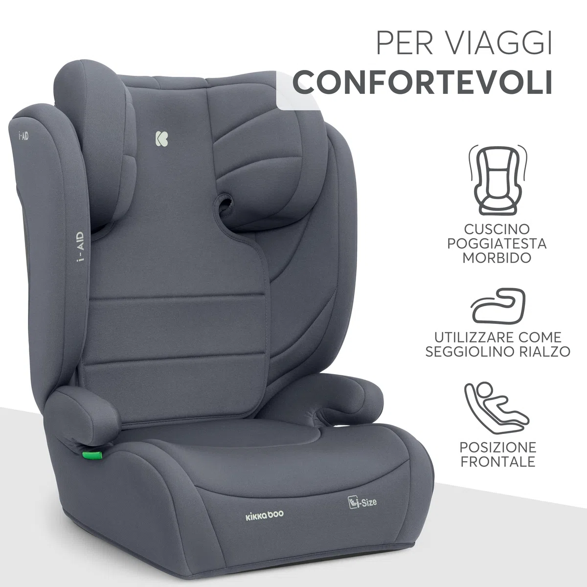 KikkaBoo Seggiolino Auto 15-36 kg i-AID, Gruppo 2/3, i-Size 100-150 cm, da 3,5 a 12 Anni, Poggiatesta Regolabile 13 Posizioni, Grigio