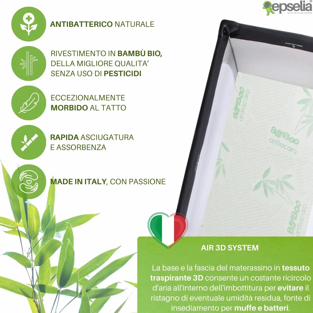 EPSELIA Materasso Lettino per Bambini Pieghevole BAMBU' BIO con Borsa per Viaggio o Campeggio, cm 60x120 H6 Certificato Antisoffoco EN16890:2017 Poliuretano con Fori CertiPUR™ OEKO-TEX®