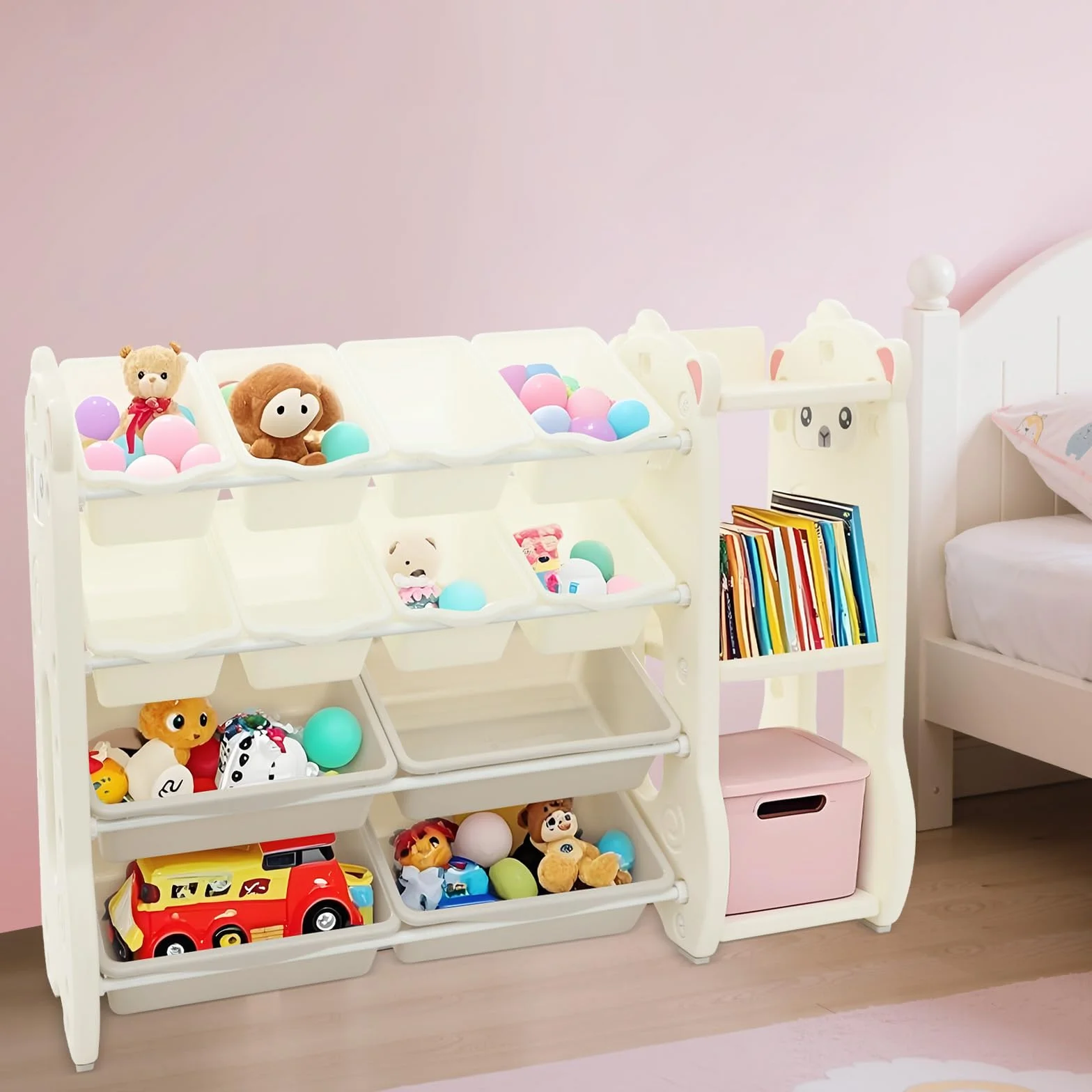 Scaffale per giocattoli per bambini con 12 vani portaoggetti, angoli arrotondati e imbottitura antiscivolo