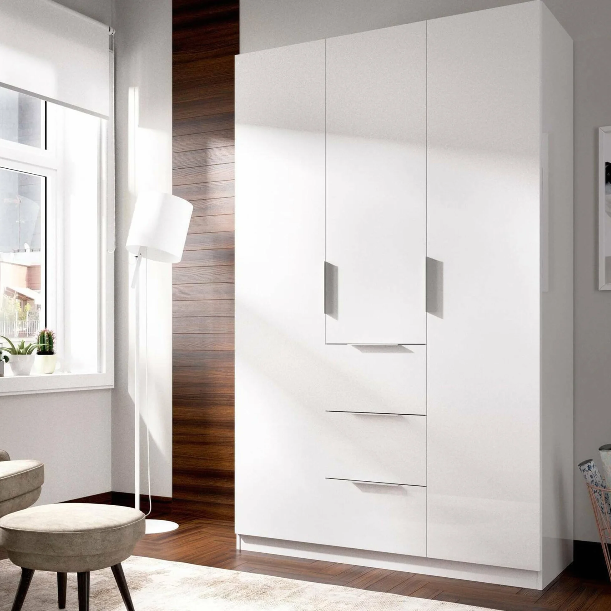 Dmora Guardaroba Falterona Armadio 3 ante battenti 3 cassetti 135x52h204 cm Bianco