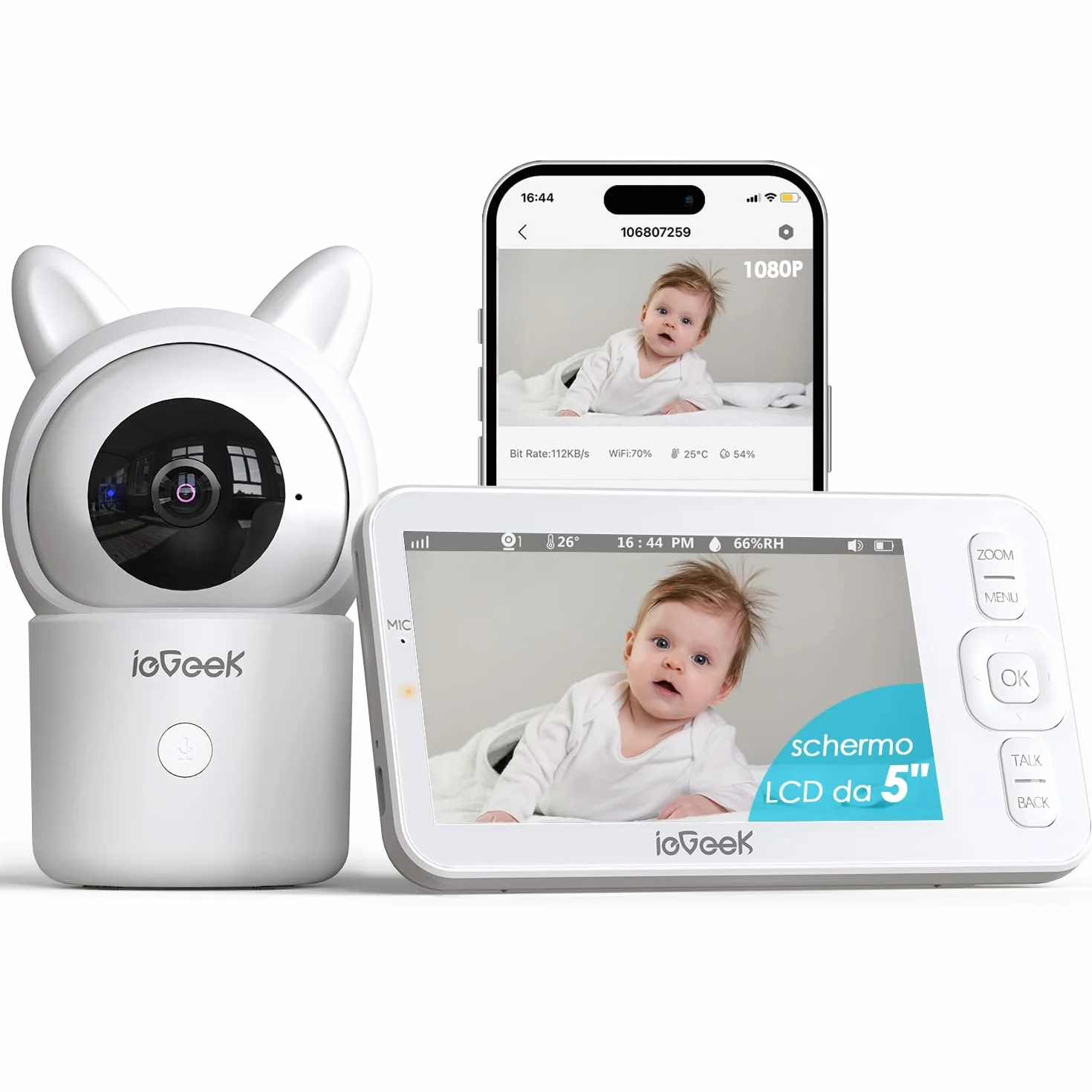ieGeek Baby Monitor 1080P 5 Pollici Zoom 4x Rilevamento Movimento Suono Allarme Area Sicurezza Temperatura Umidità