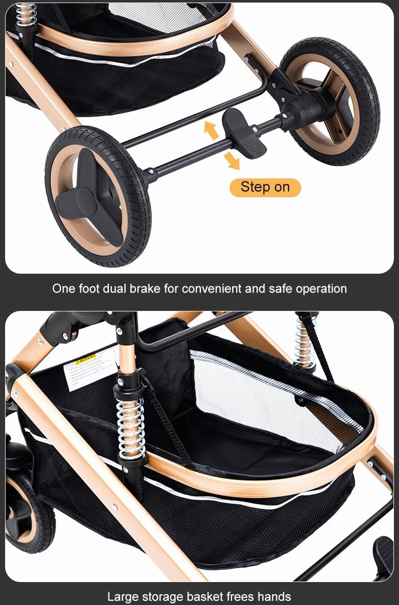 Passeggino Trio 3 in 1 Pieghevole per Neonati con Borsa Mamma, Pneumatici in Gomma 25kg