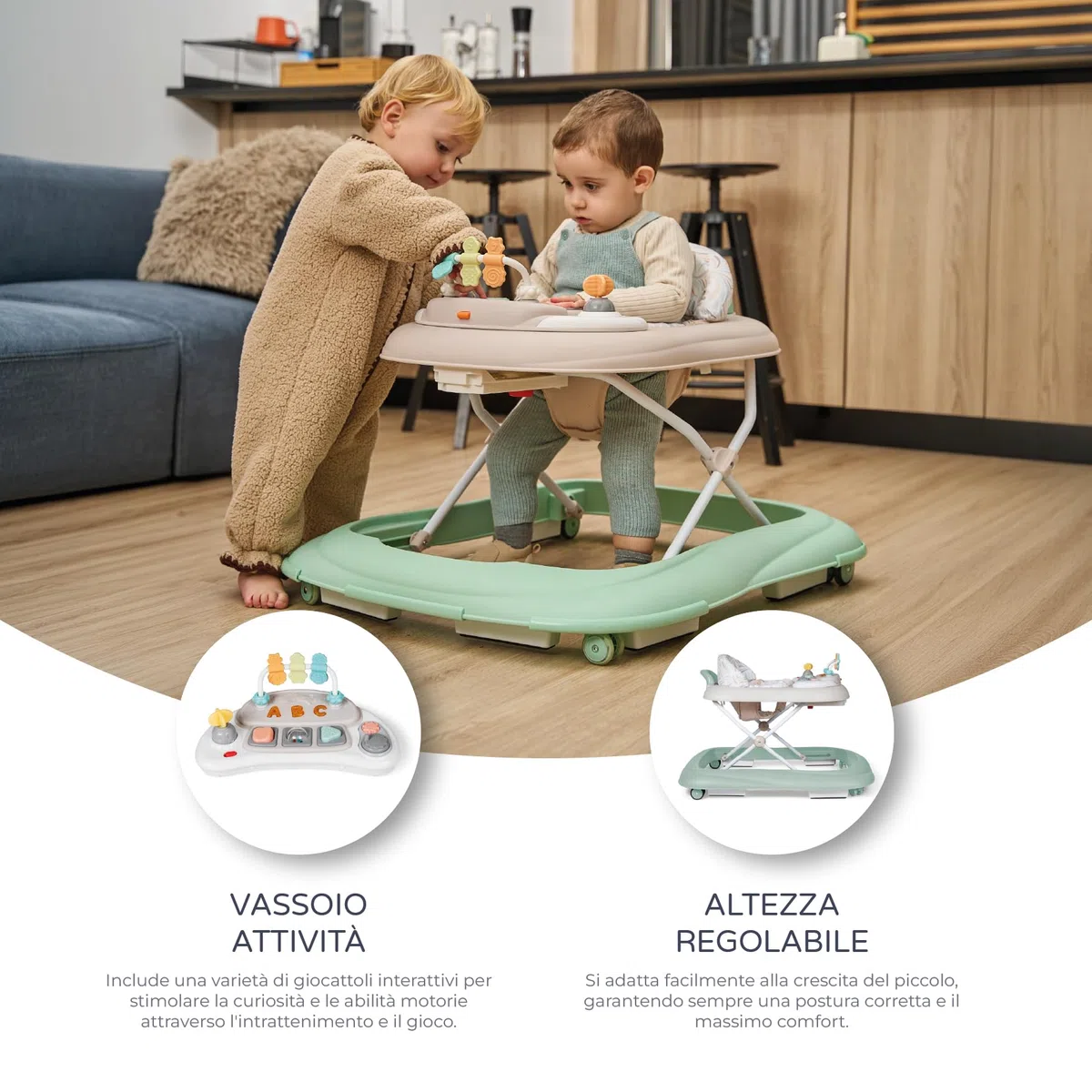 MS BabyWorld – Girello BASIC PLUS – Girello per Bambini con Vassoio Interattivo di Giochi con Suoni | Base Antiribaltamento | Tacatà con Ruote in Silicone e 3 Posizioni di Altezza