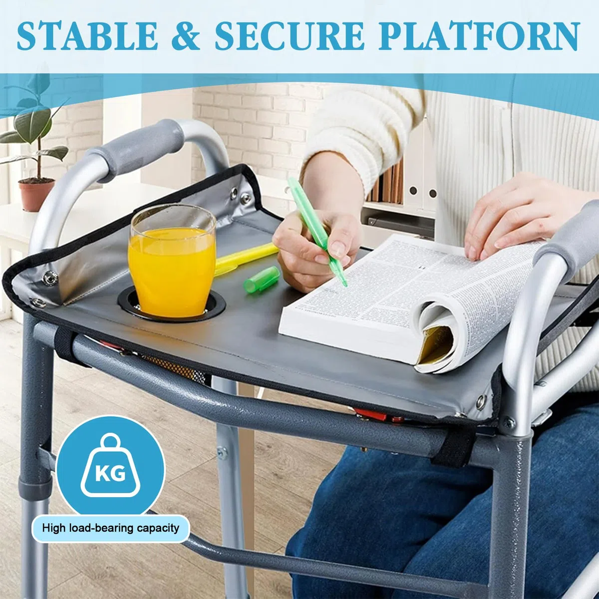 Vassoio Walker con portabevande universale Walker Tray per anziani, vassoi per passeggiate, bordi rialzati, impermeabile, con design da 10 lbs per anziani e disabili