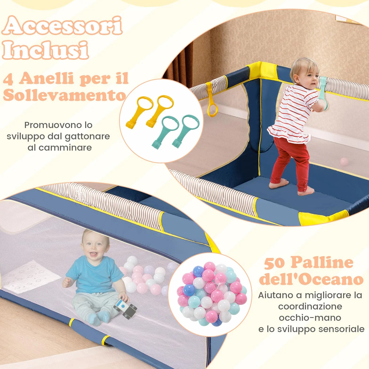 COSTWAY Recinto per Neonati Pieghevole 150x150 cm Tessuto Oxford con Rete Traspirante, Centro Attività con 50 Palline (Blu)