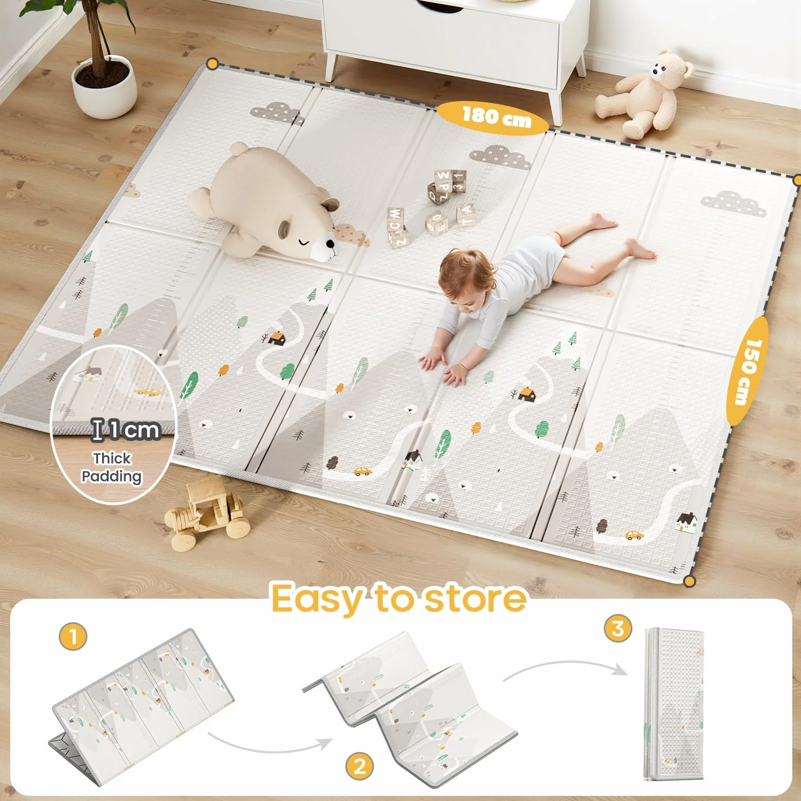 Beige Box Bambini con Materassino - Box Neonato 150×180cm,Recinto per Bambini con 4 Anelli,Imbottitura Morbida