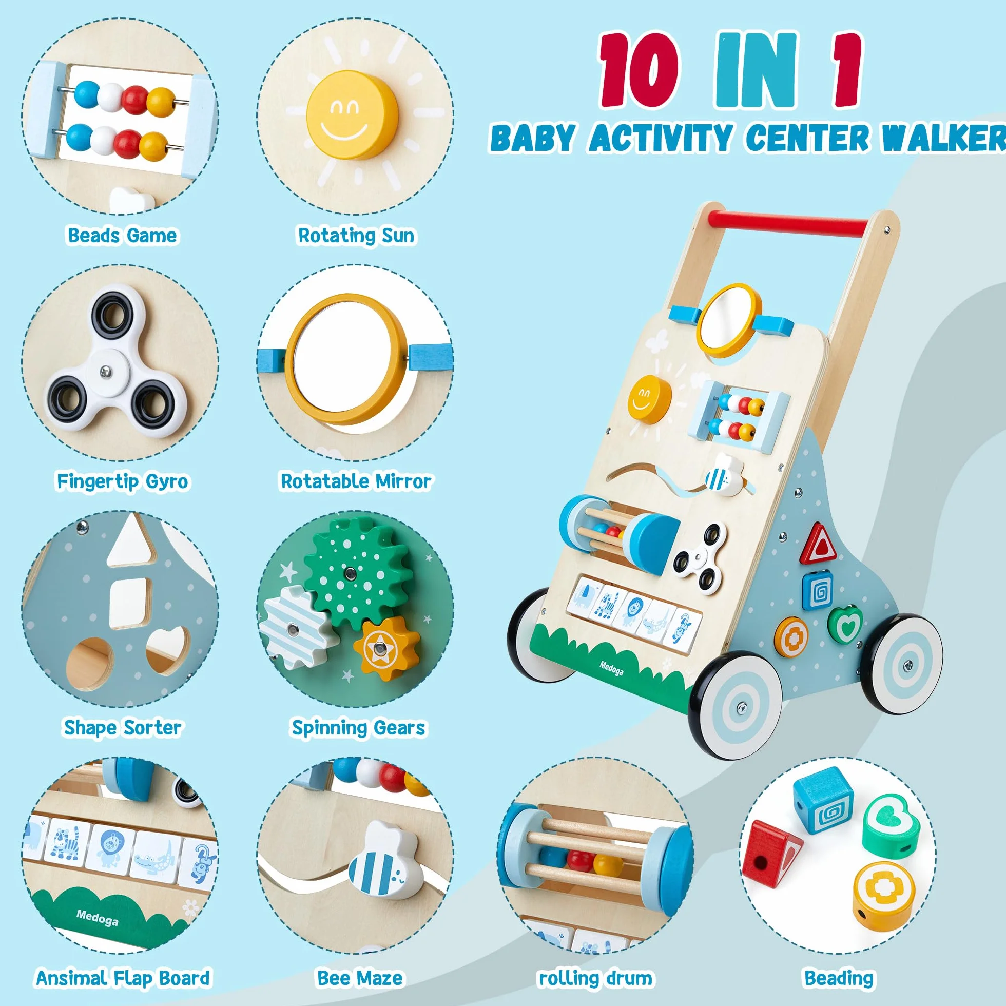 Girello in legno, 10 in 1 Baby Activity Center Push Walker regolabile, giocattolo per bambino, ragazzi (BW001)