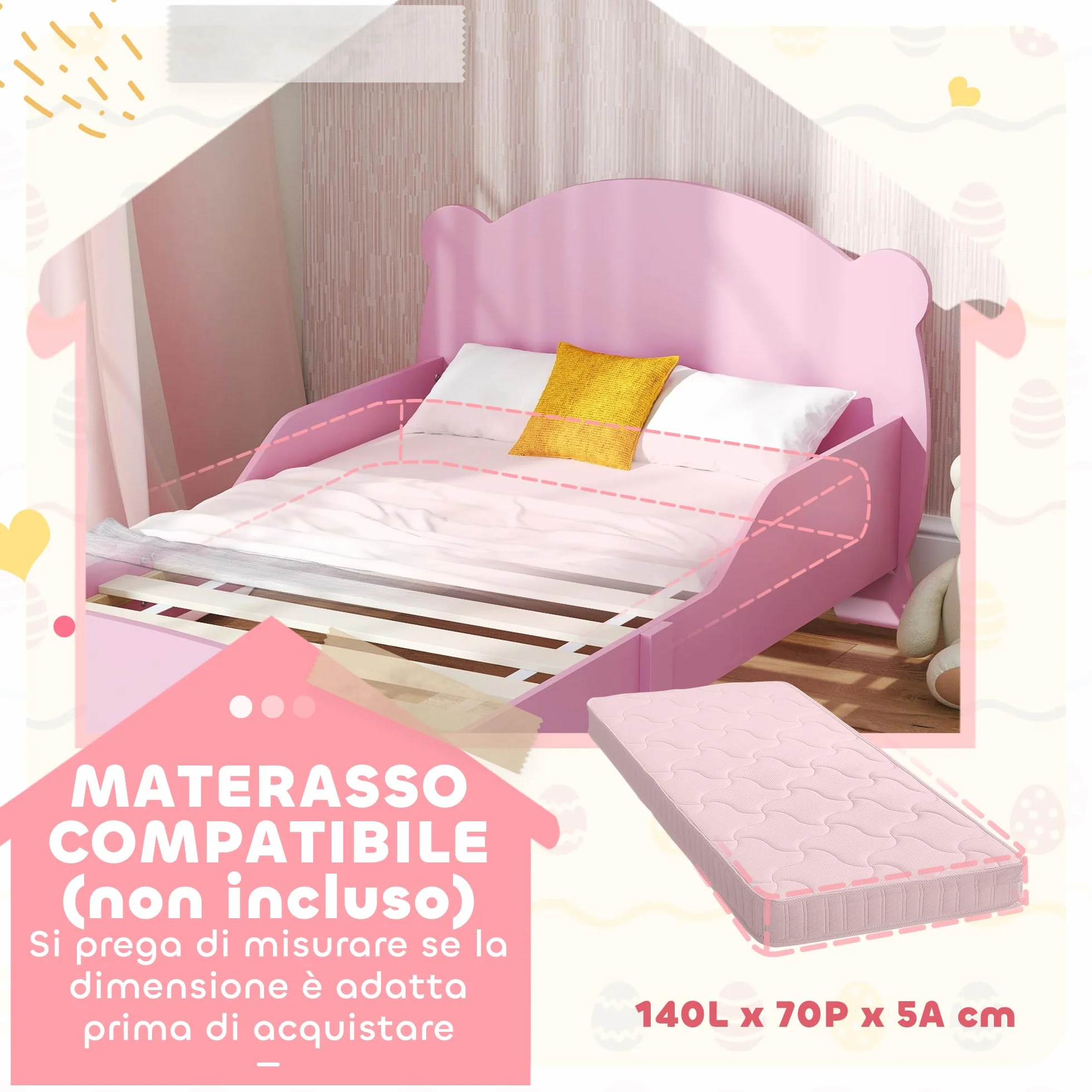 AIYAPLAY Letto Montessori Bambini 140x70 cm Lettino Singolo con Sponde Anti-Caduta Rosa