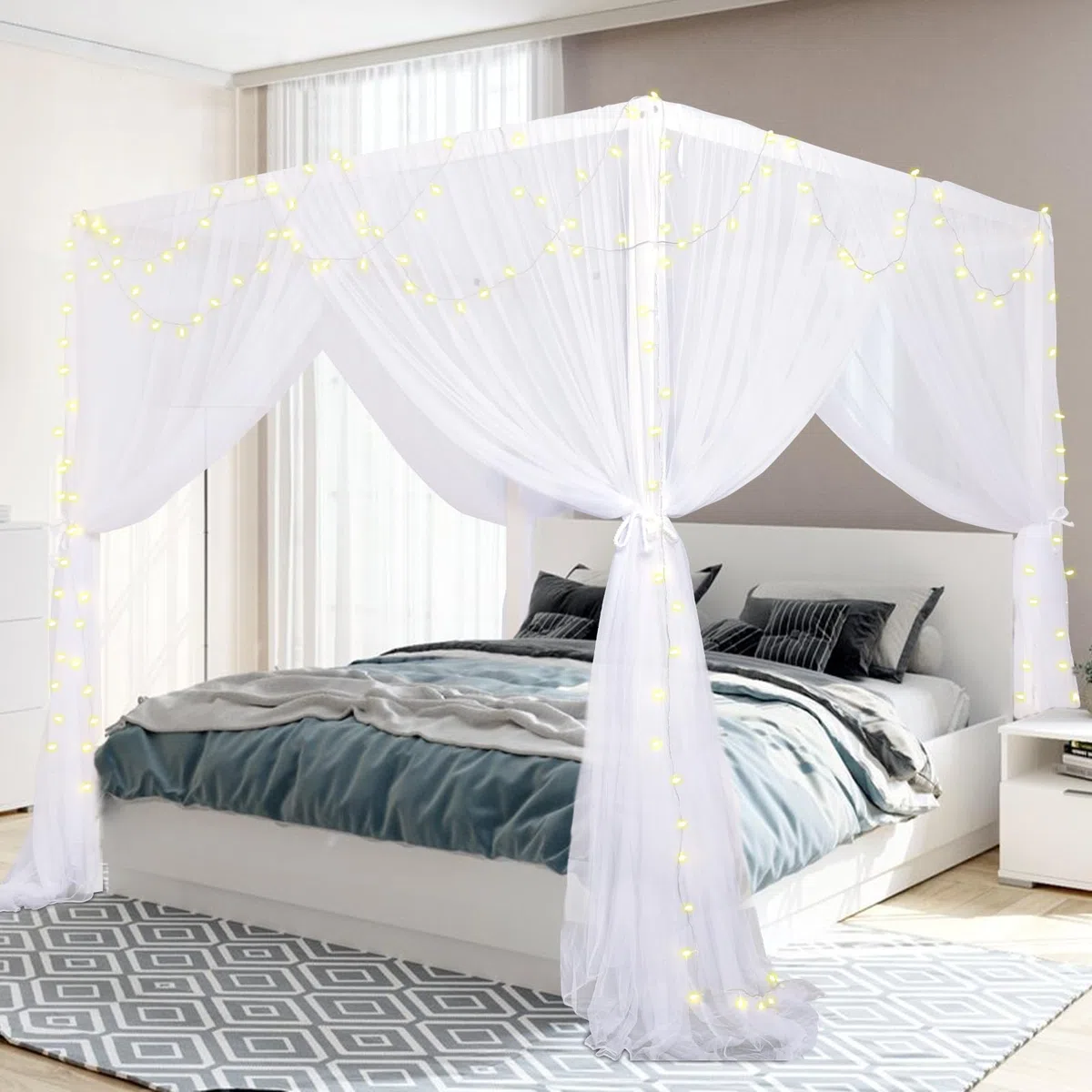 South To East Tende da letto a baldacchino a 4 angoli per adulti, zanzariera per letto, lussuose tende da letto per la decorazione della camera, in poliestere antistrappo, facili da installare