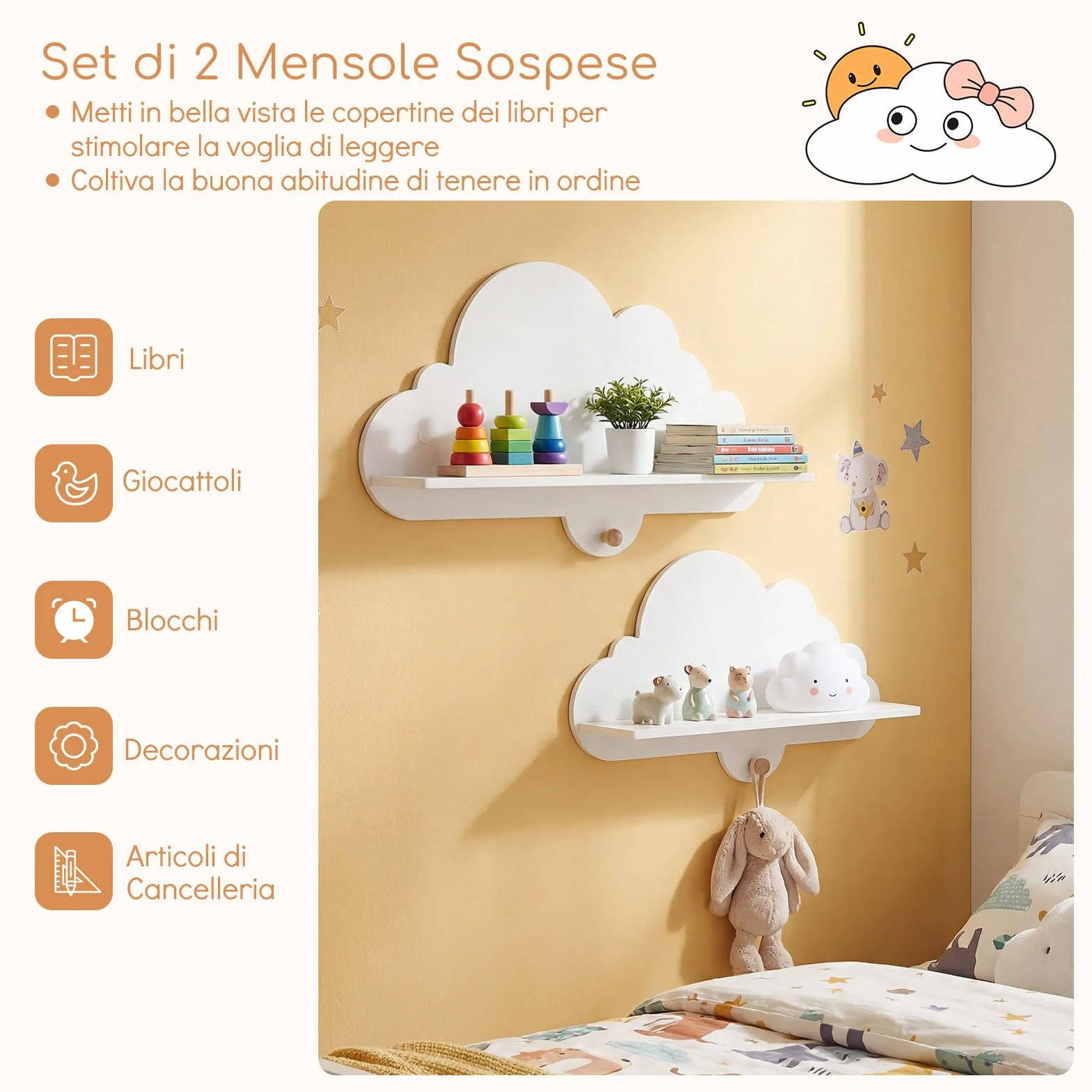 COSTWAY Set di 2 Mensole da Muro per Bambini, Libreria a Nuvole in Legno Massello con Ganci, Bianco