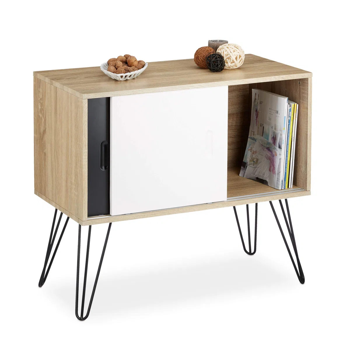 Relaxdays Credenza Retrò, Design Anni'60, in Legno e Metallo, Stile Scandinavo, HxLxP: 70x80x40 cm, Bianco/Nero/Beige