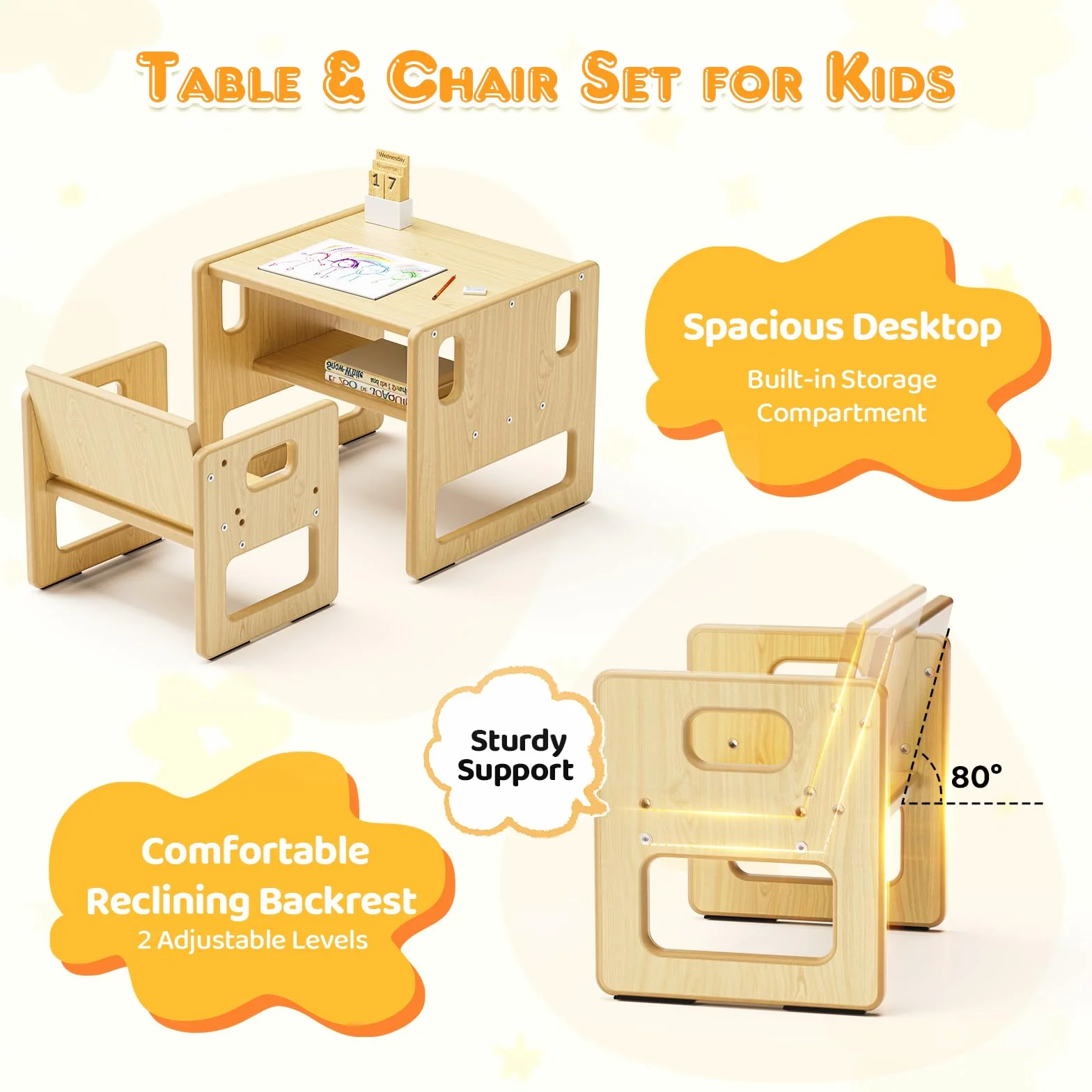 Montessori Set Tavolo e Sedia per Svezzamento Regolabile Bambini Piccoli Pasti Apprendimento Gioco