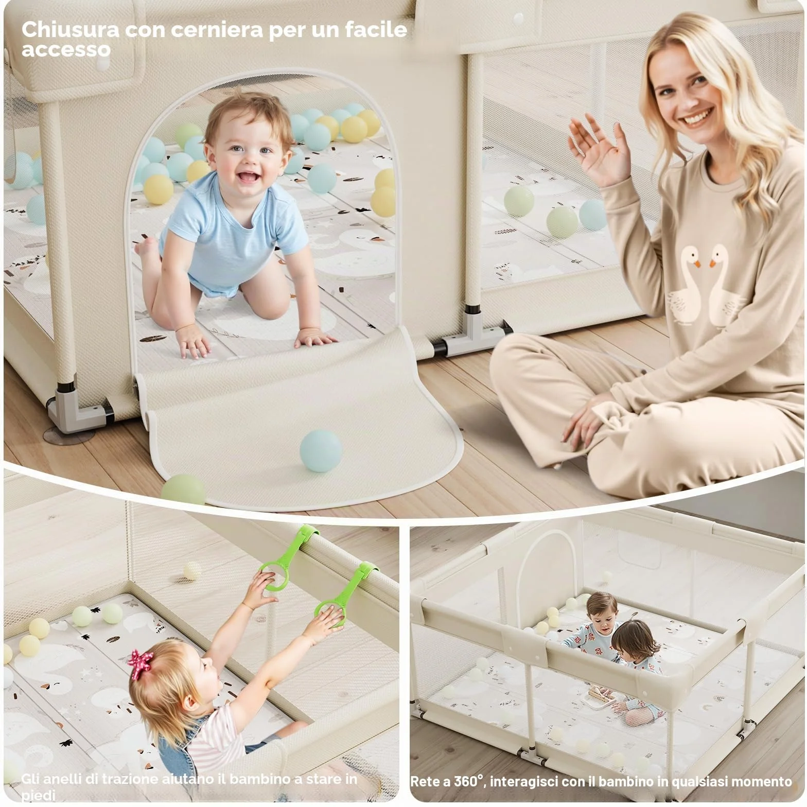 Box Bambini 120x120cm Beige Recinto Neonato con Rete Traspirante e Ventose
