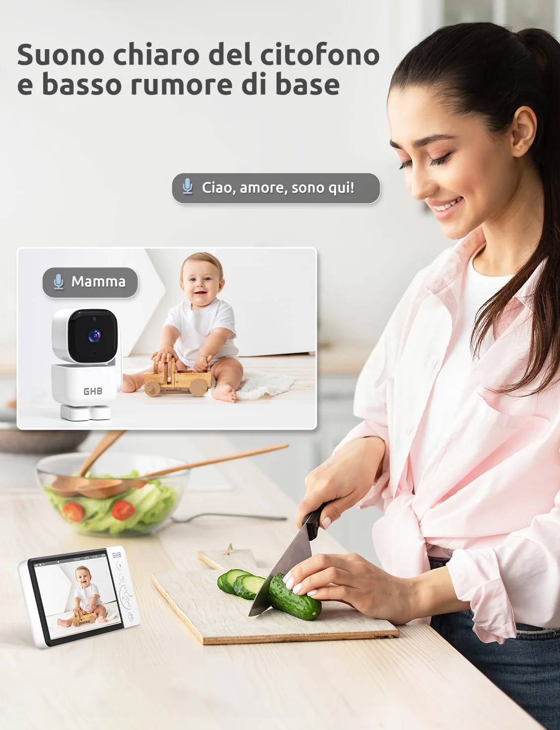 GHB Baby Monitor 5" 720HD 168 Ore Autonomia 350° Telecamera Rotante Rilevamento Temperatura VOX Visione Notturna